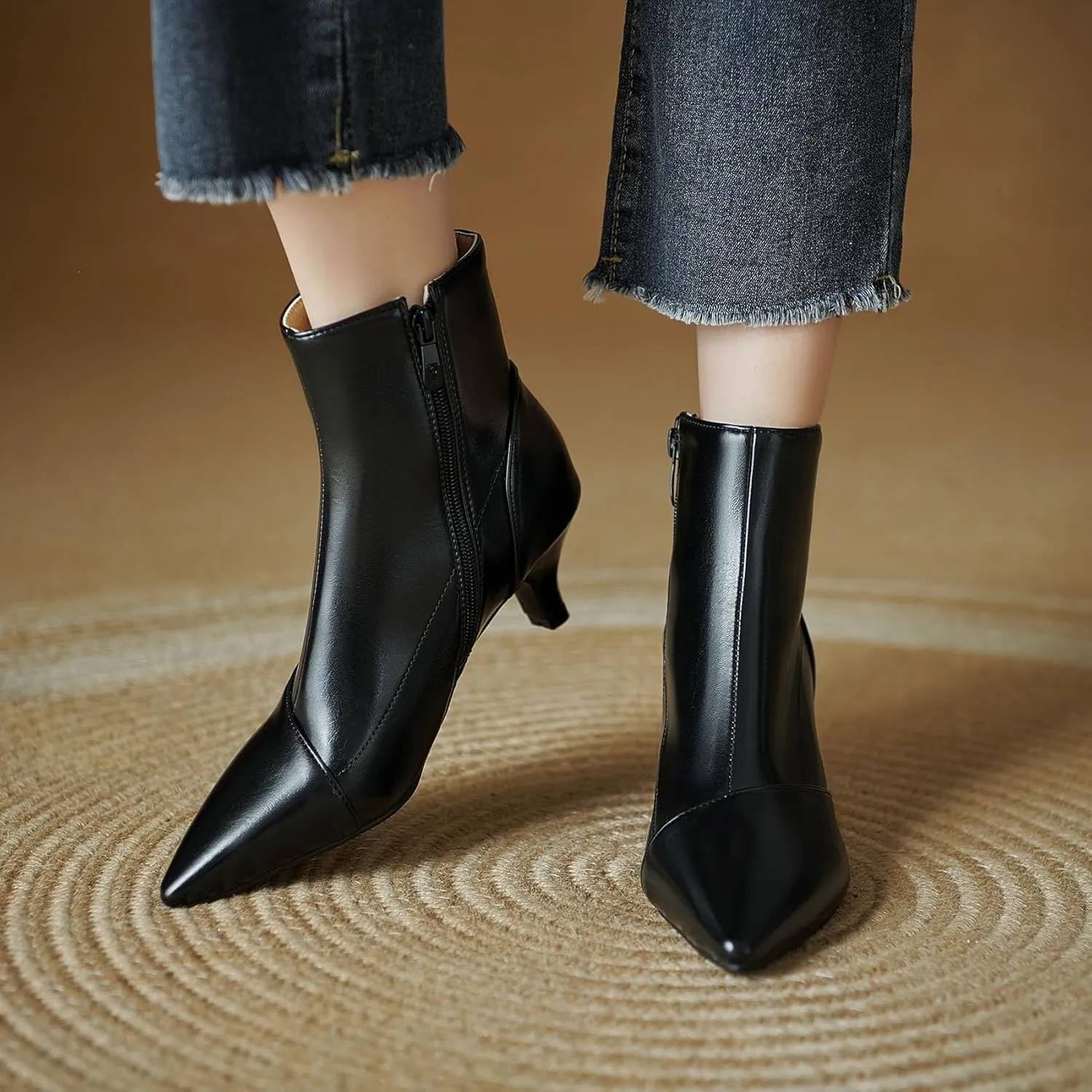 SHEMEE Fashion Womens Kitten Heels Ankle Boots Sexy Pointy Toe Booties Mid Heels Zipper Work Party Dress Shoes