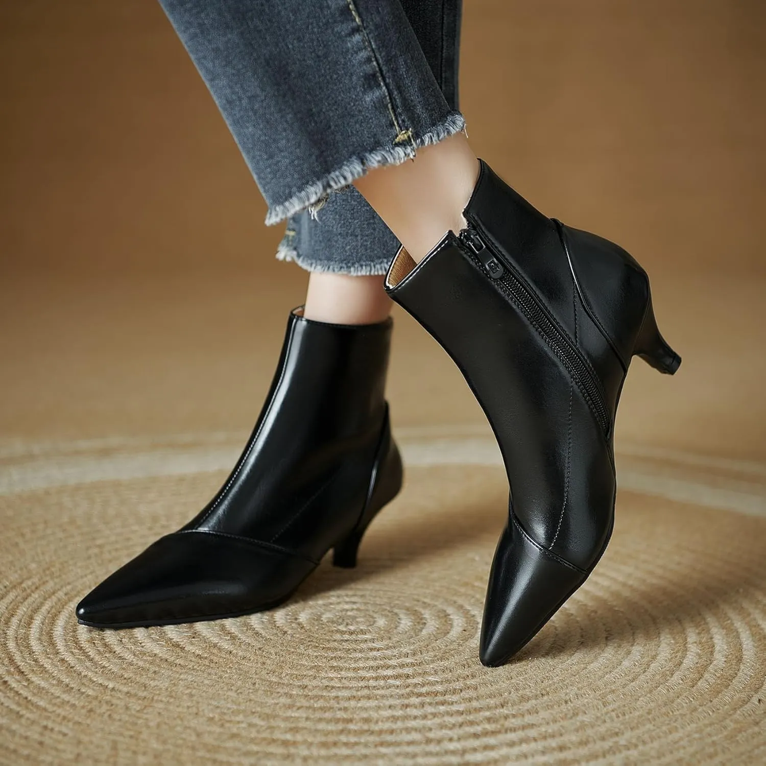 SHEMEE Fashion Womens Kitten Heels Ankle Boots Sexy Pointy Toe Booties Mid Heels Zipper Work Party Dress Shoes