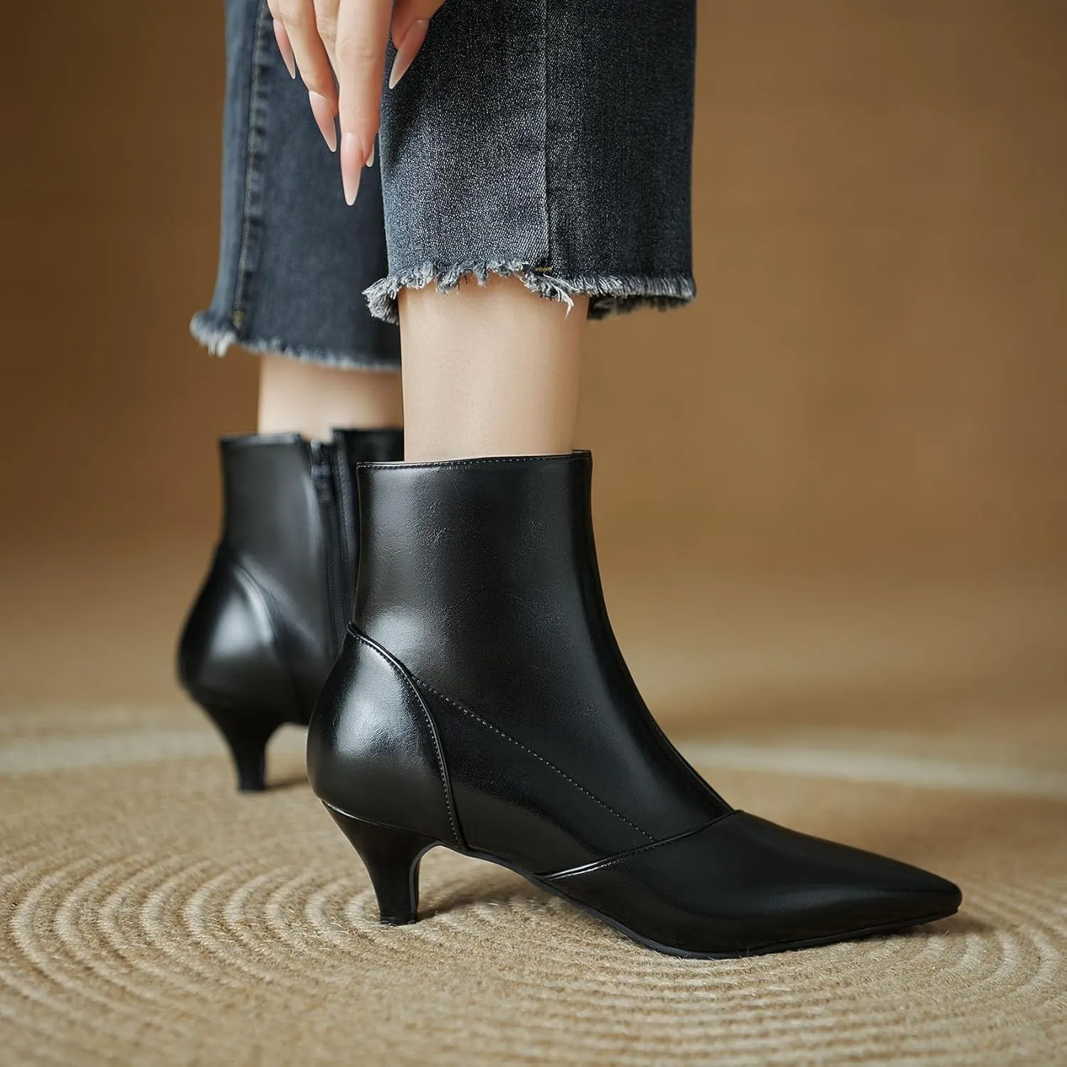 SHEMEE Fashion Womens Kitten Heels Ankle Boots Sexy Pointy Toe Booties Mid Heels Zipper Work Party Dress Shoes