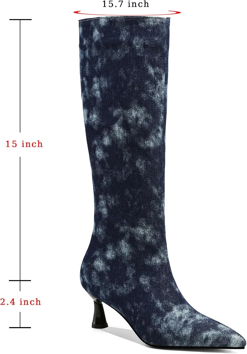 SHEMEE Women's Denim Knee High Boots Kitten Heels Pointed Toe Dress Jeans Mid-Calf Boots Zipper Tall Boots