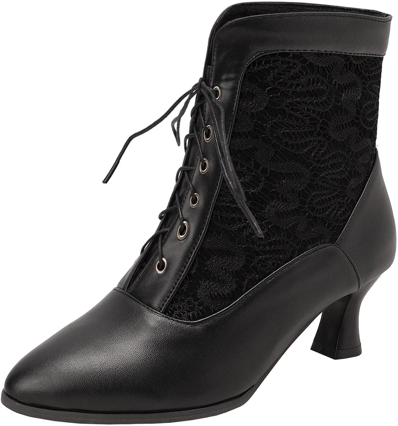 SHEMEE Women's Lace Victorian Booties Chunky Kitten Heels Ankle Boots Vintage Lacing Cosplay Witch Short Boots Mid Heel