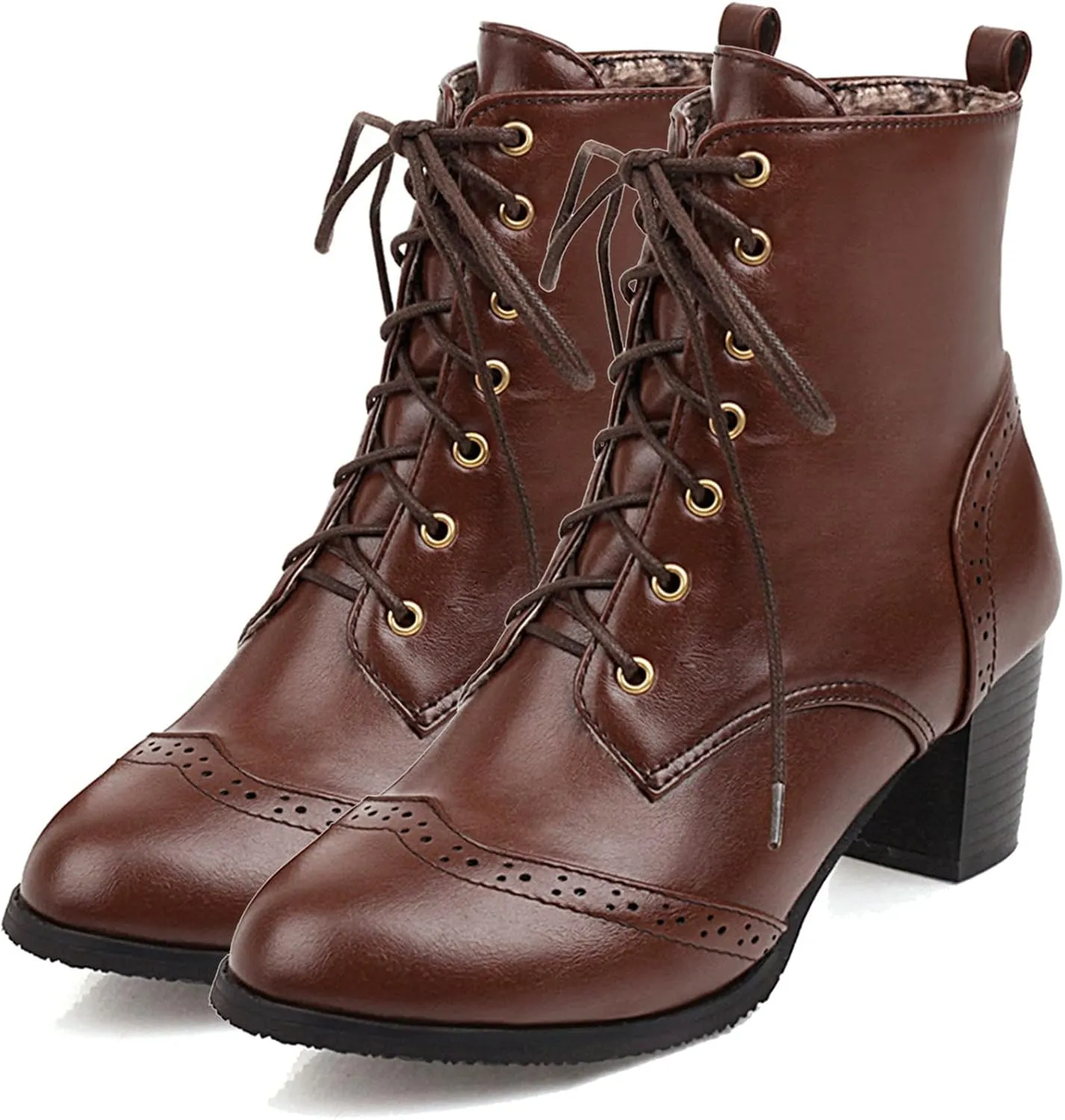 SHEMEE Women's Wingtip Block Heels Ankle Boots Lace-Up Stacked Chunky Heel Booties Round Toe Short Boots