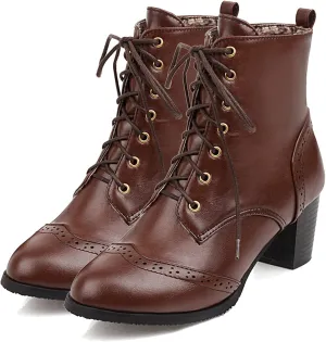 SHEMEE Women's Wingtip Block Heels Ankle Boots Lace-Up Stacked Chunky Heel Booties Round Toe Short Boots