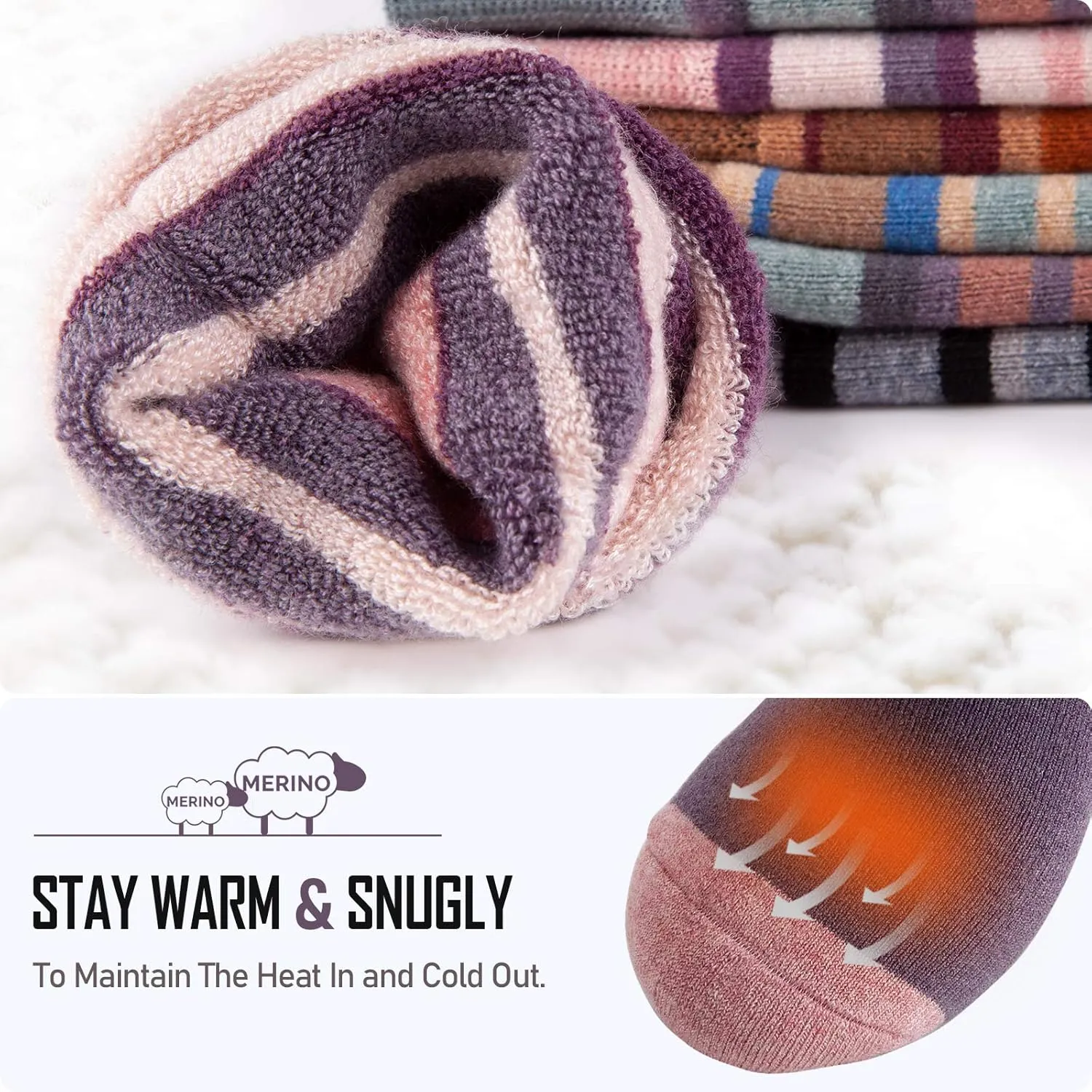 Ski Socks 2-Pack Merino Wool, Over The Calf Non-Slip Cuff for Men & Women