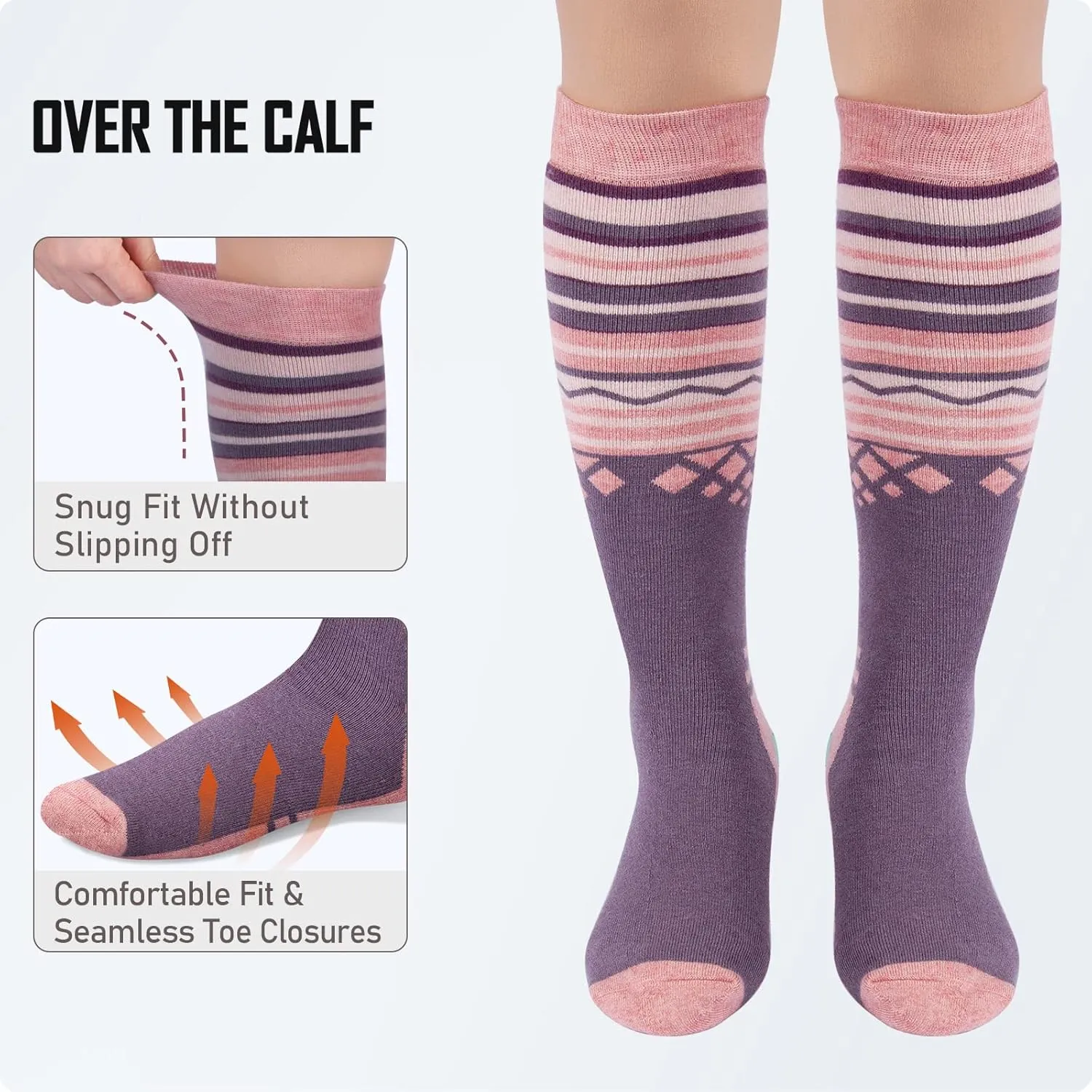 Ski Socks 2-Pack Merino Wool, Over The Calf Non-Slip Cuff for Men & Women