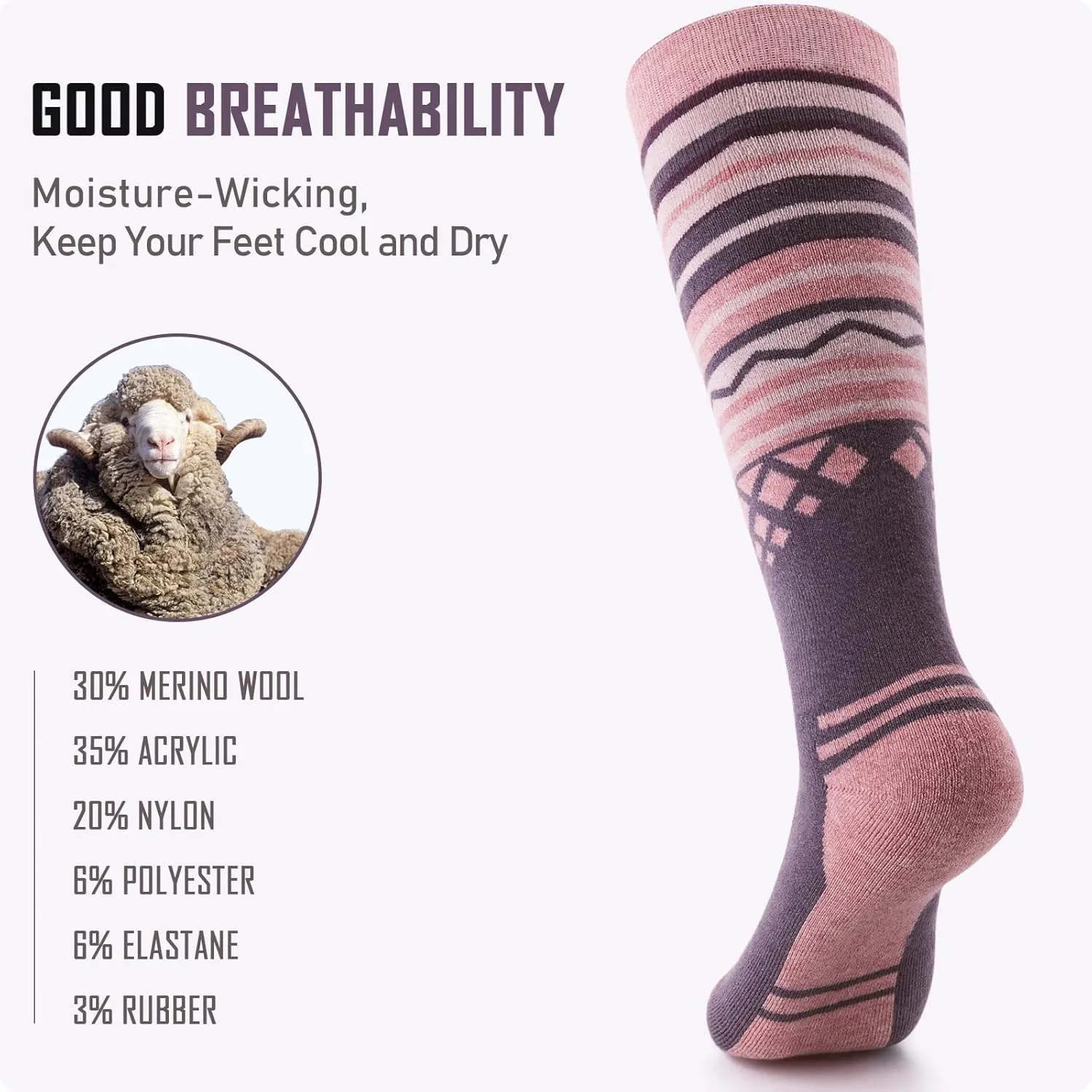 Ski Socks 2-Pack Merino Wool, Over The Calf Non-Slip Cuff for Men & Women