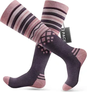 Ski Socks 2-Pack Merino Wool, Over The Calf Non-Slip Cuff for Men & Women