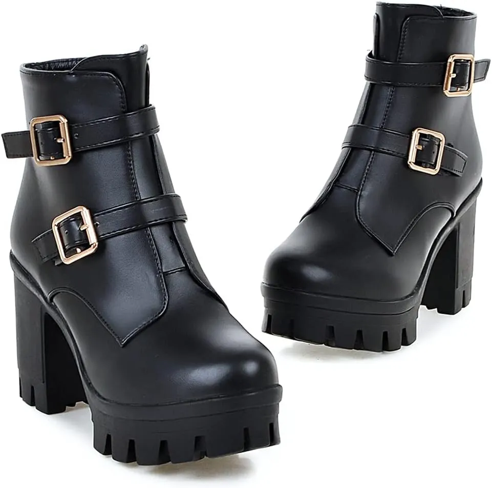 SO SIMPOK Womens Fashion Lace Up Chunky Heel Goth Platform Ankle Boots Zipper Round Toe Punk Motorcycle Combat Riding Boots