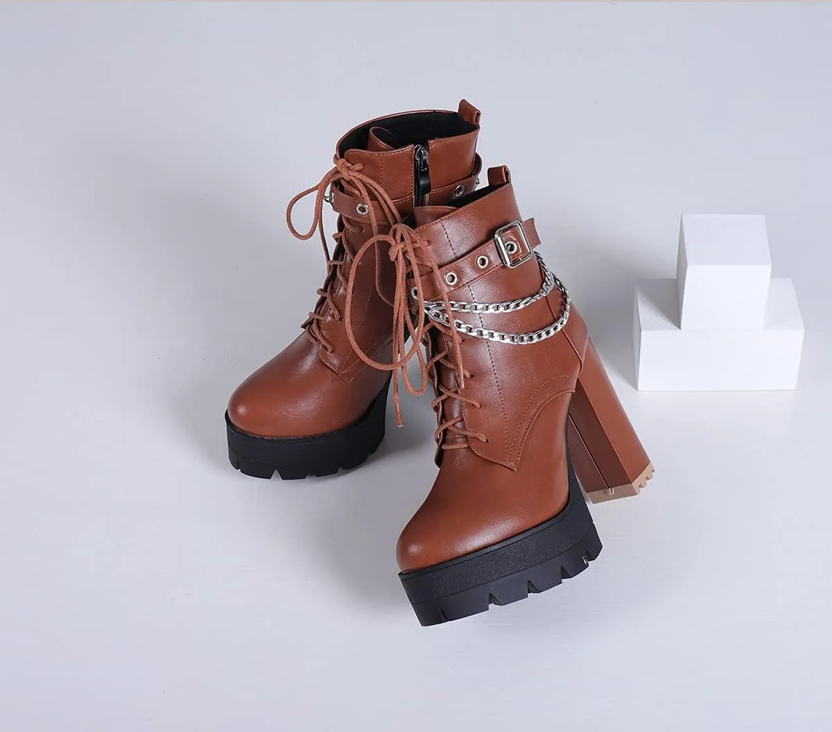 SO SIMPOK Womens Fashion Lace Up Chunky Heel Goth Platform Ankle Boots Zipper Round Toe Punk Motorcycle Combat Riding Boots