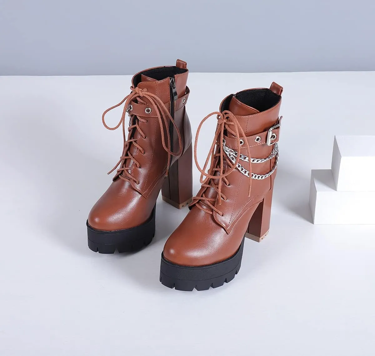 SO SIMPOK Womens Fashion Lace Up Chunky Heel Goth Platform Ankle Boots Zipper Round Toe Punk Motorcycle Combat Riding Boots