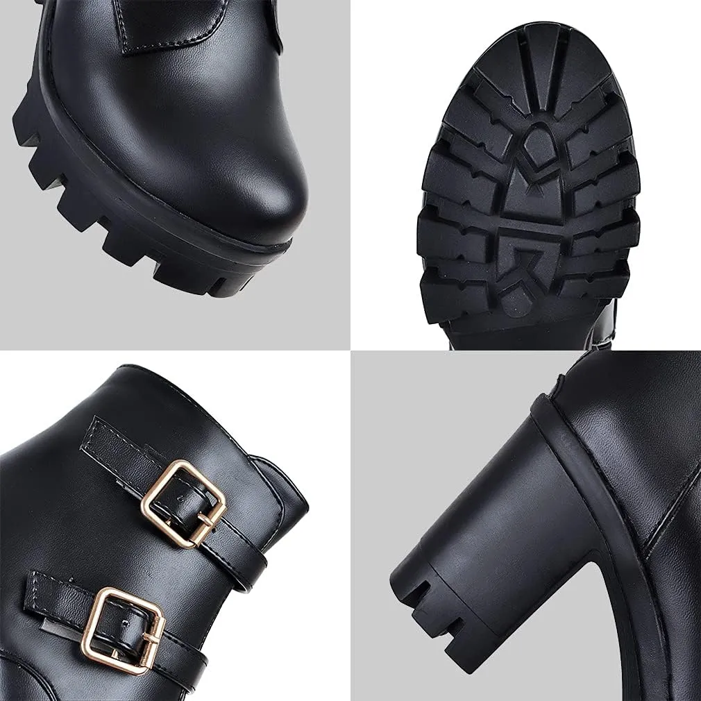 SO SIMPOK Womens Fashion Lace Up Chunky Heel Goth Platform Ankle Boots Zipper Round Toe Punk Motorcycle Combat Riding Boots