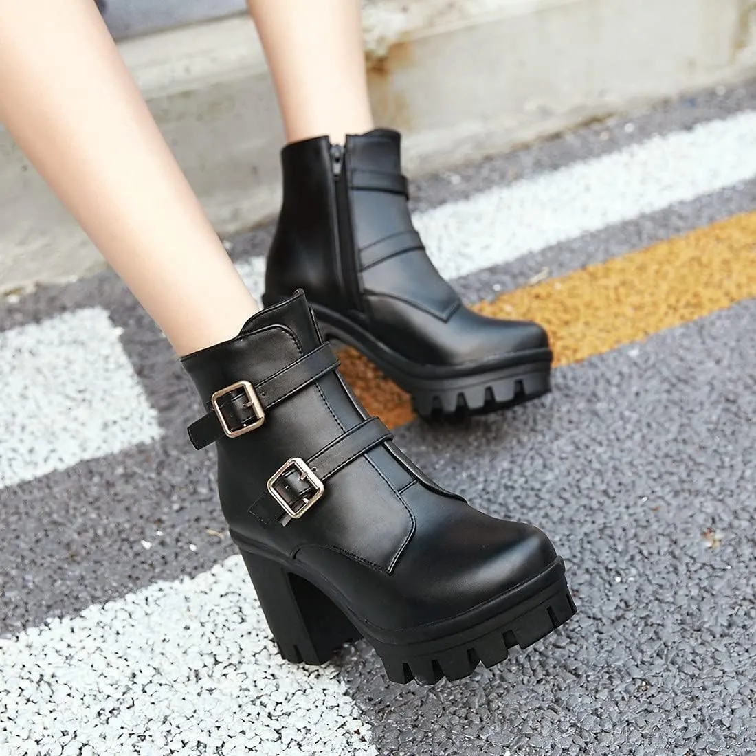 SO SIMPOK Womens Fashion Lace Up Chunky Heel Goth Platform Ankle Boots Zipper Round Toe Punk Motorcycle Combat Riding Boots