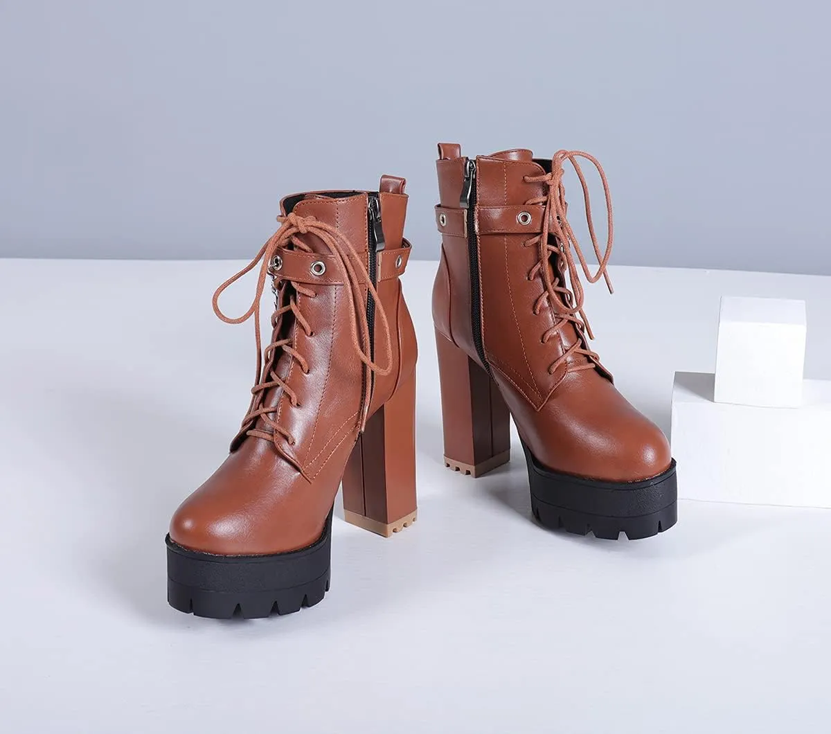 SO SIMPOK Womens Fashion Lace Up Chunky Heel Goth Platform Ankle Boots Zipper Round Toe Punk Motorcycle Combat Riding Boots