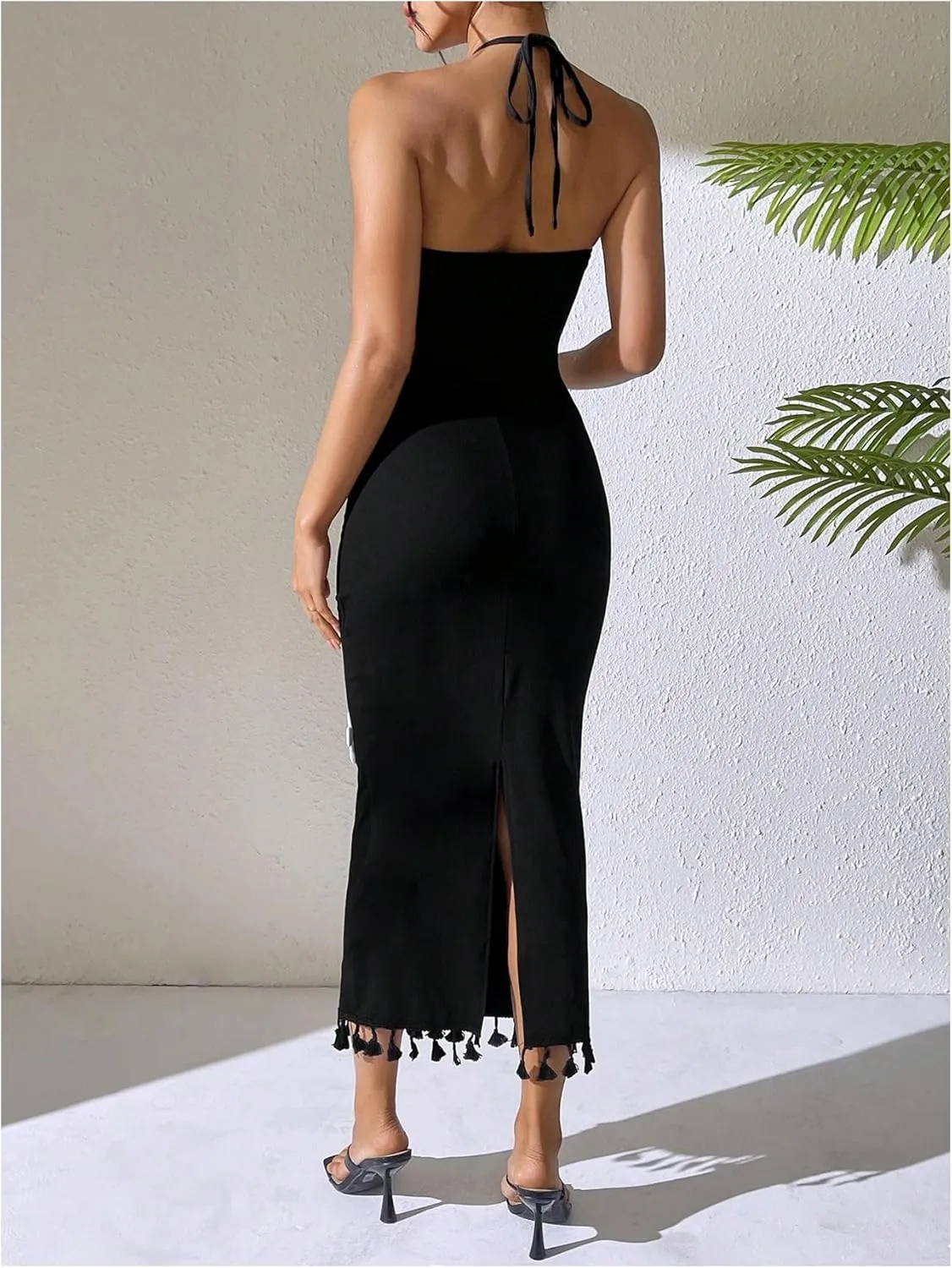SOLY HUX Women's Sleeveless 3D Floral Bodycon Halter Long Dress Fringe Trim Sleeveless Vacation Party Dresses