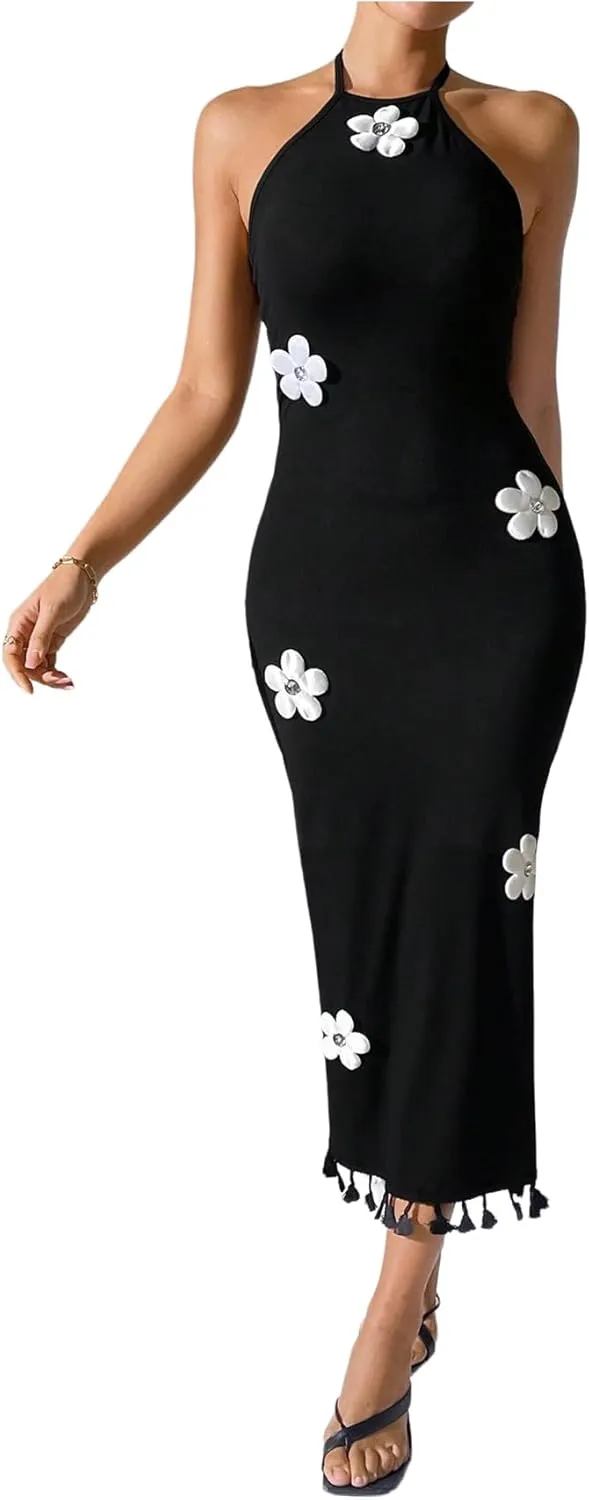 SOLY HUX Women's Sleeveless 3D Floral Bodycon Halter Long Dress Fringe Trim Sleeveless Vacation Party Dresses