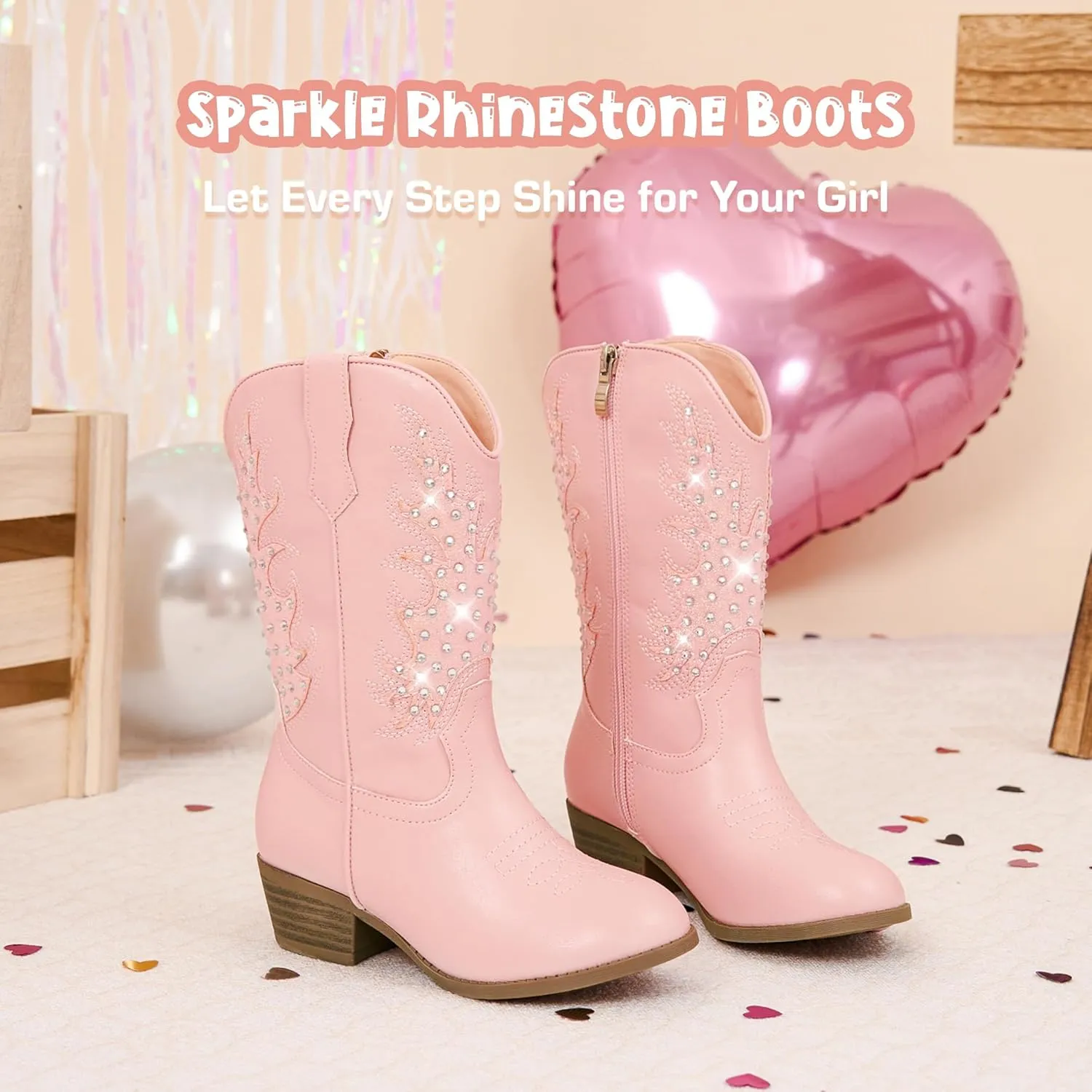 Sparkly Rhinestone Cowgirl Boots Toddler to Big Kids Mid Calf Zipper Low Heel Pointed Toes Party Birthday Dress Up