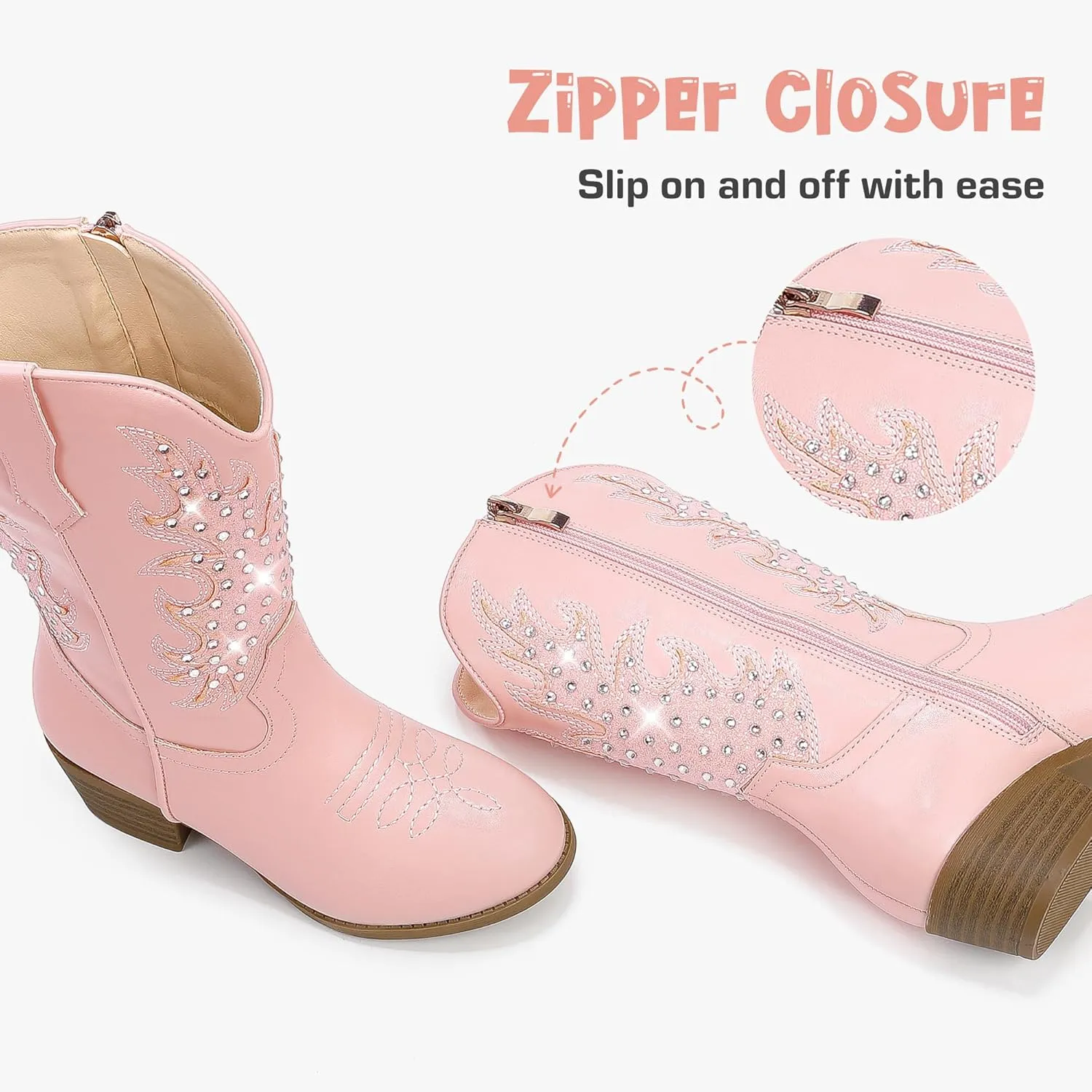Sparkly Rhinestone Cowgirl Boots Toddler to Big Kids Mid Calf Zipper Low Heel Pointed Toes Party Birthday Dress Up