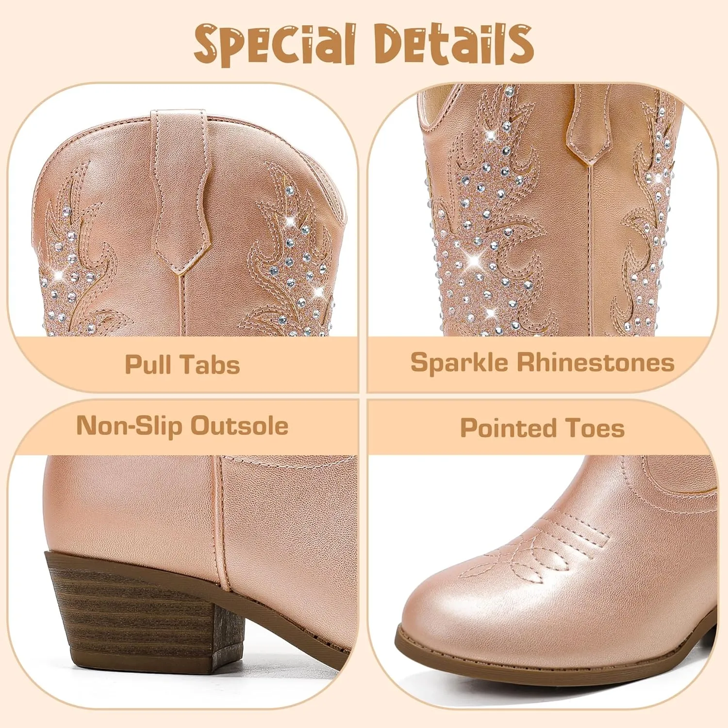 Sparkly Rhinestone Cowgirl Boots Toddler to Big Kids Mid Calf Zipper Low Heel Pointed Toes Party Birthday Dress Up