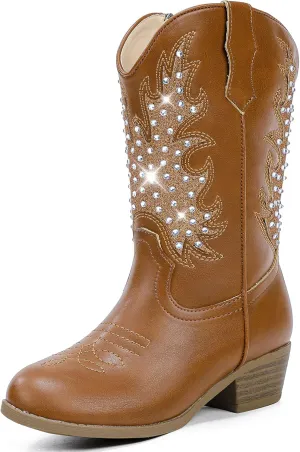 Sparkly Rhinestone Cowgirl Boots Toddler to Big Kids Mid Calf Zipper Low Heel Pointed Toes Party Birthday Dress Up