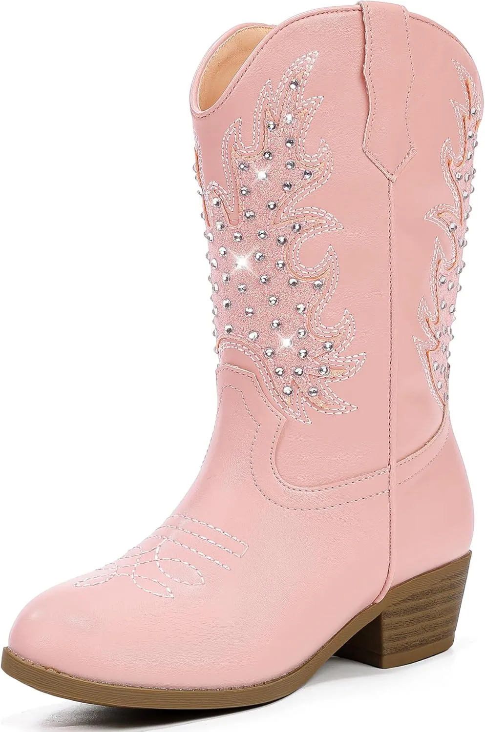 Sparkly Rhinestone Cowgirl Boots Toddler to Big Kids Mid Calf Zipper Low Heel Pointed Toes Party Birthday Dress Up
