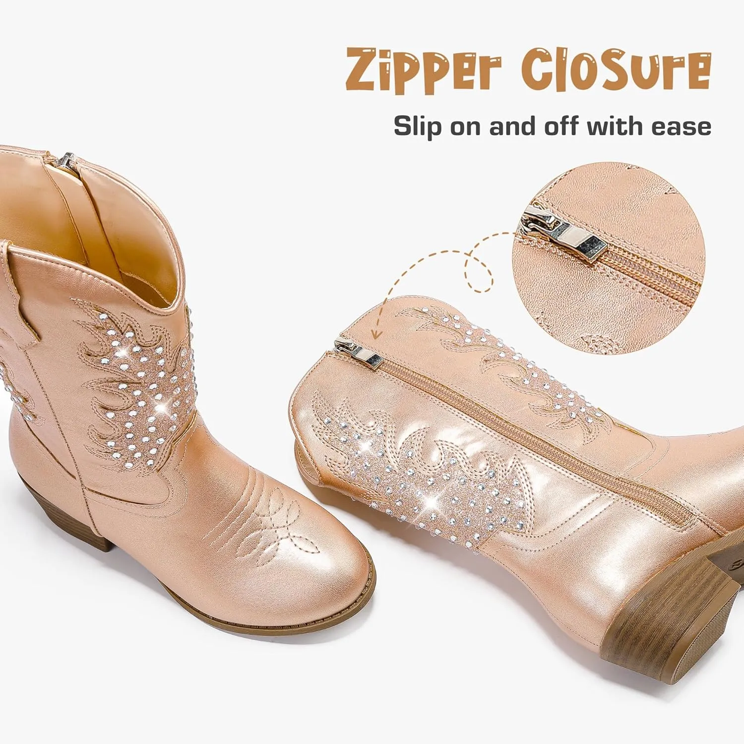 Sparkly Rhinestone Cowgirl Boots Toddler to Big Kids Mid Calf Zipper Low Heel Pointed Toes Party Birthday Dress Up