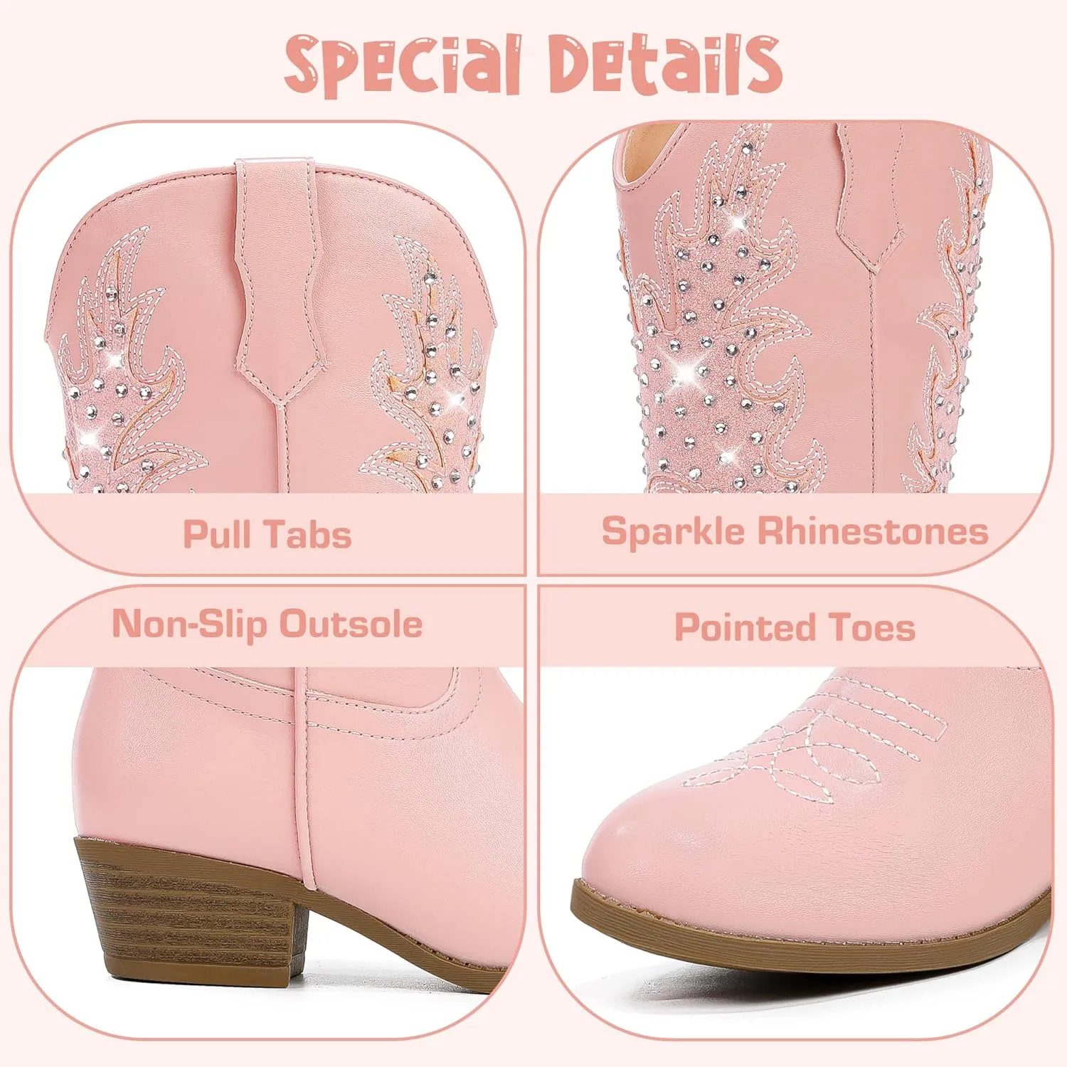 Sparkly Rhinestone Cowgirl Boots Toddler to Big Kids Mid Calf Zipper Low Heel Pointed Toes Party Birthday Dress Up