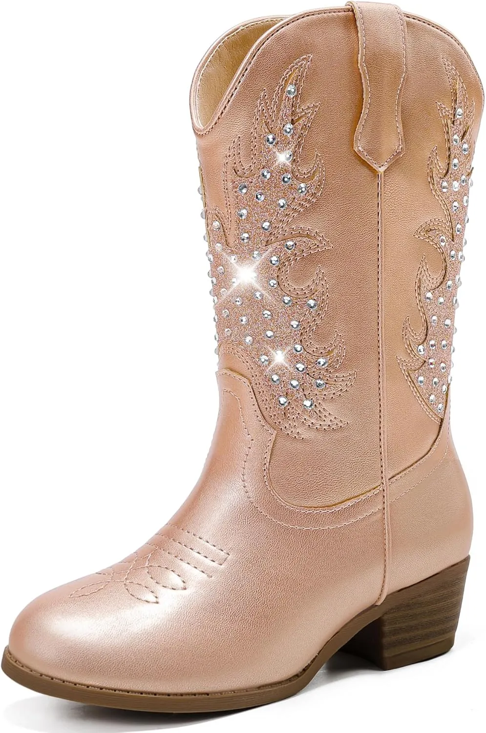 Sparkly Rhinestone Cowgirl Boots Toddler to Big Kids Mid Calf Zipper Low Heel Pointed Toes Party Birthday Dress Up
