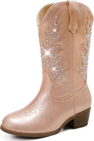 Sparkly Rhinestone Cowgirl Boots Toddler to Big Kids Mid Calf Zipper Low Heel Pointed Toes Party Birthday Dress Up