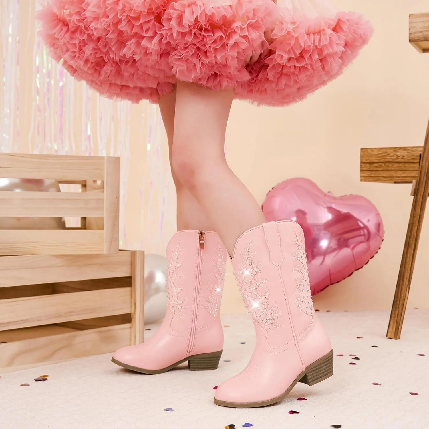 Sparkly Rhinestone Cowgirl Boots Toddler to Big Kids Mid Calf Zipper Low Heel Pointed Toes Party Birthday Dress Up