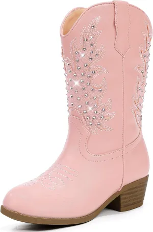 Sparkly Rhinestone Cowgirl Boots Toddler to Big Kids Mid Calf Zipper Low Heel Pointed Toes Party Birthday Dress Up