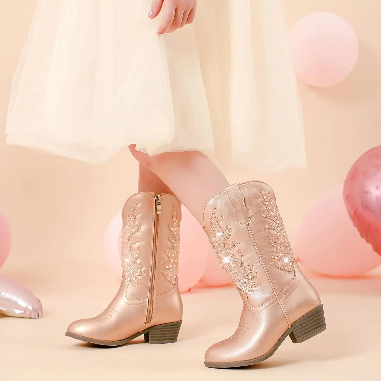 Sparkly Rhinestone Cowgirl Boots Toddler to Big Kids Mid Calf Zipper Low Heel Pointed Toes Party Birthday Dress Up