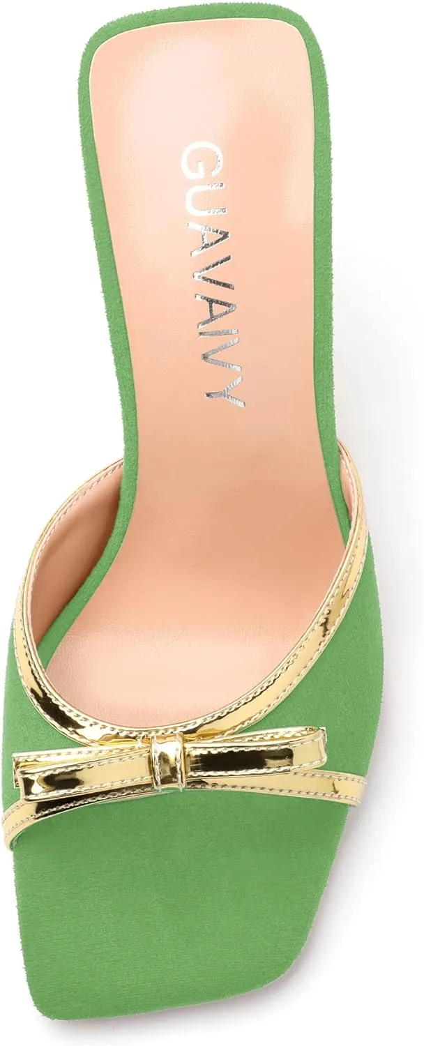 Square Toe Stilettos - Slip-On Heeled Sandals with Bow Accent, Dressy Work to Party Shoes for Women, Daily Occasion High Heels