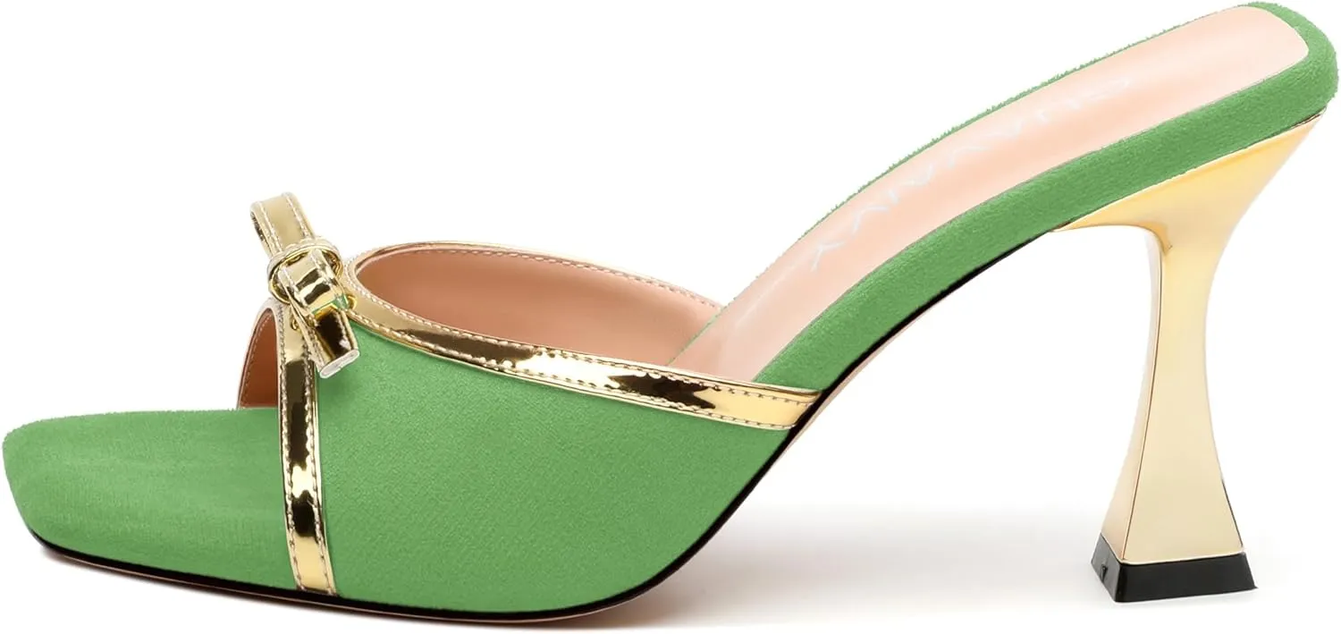 Square Toe Stilettos - Slip-On Heeled Sandals with Bow Accent, Dressy Work to Party Shoes for Women, Daily Occasion High Heels
