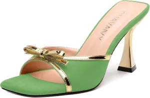 Square Toe Stilettos - Slip-On Heeled Sandals with Bow Accent, Dressy Work to Party Shoes for Women, Daily Occasion High Heels