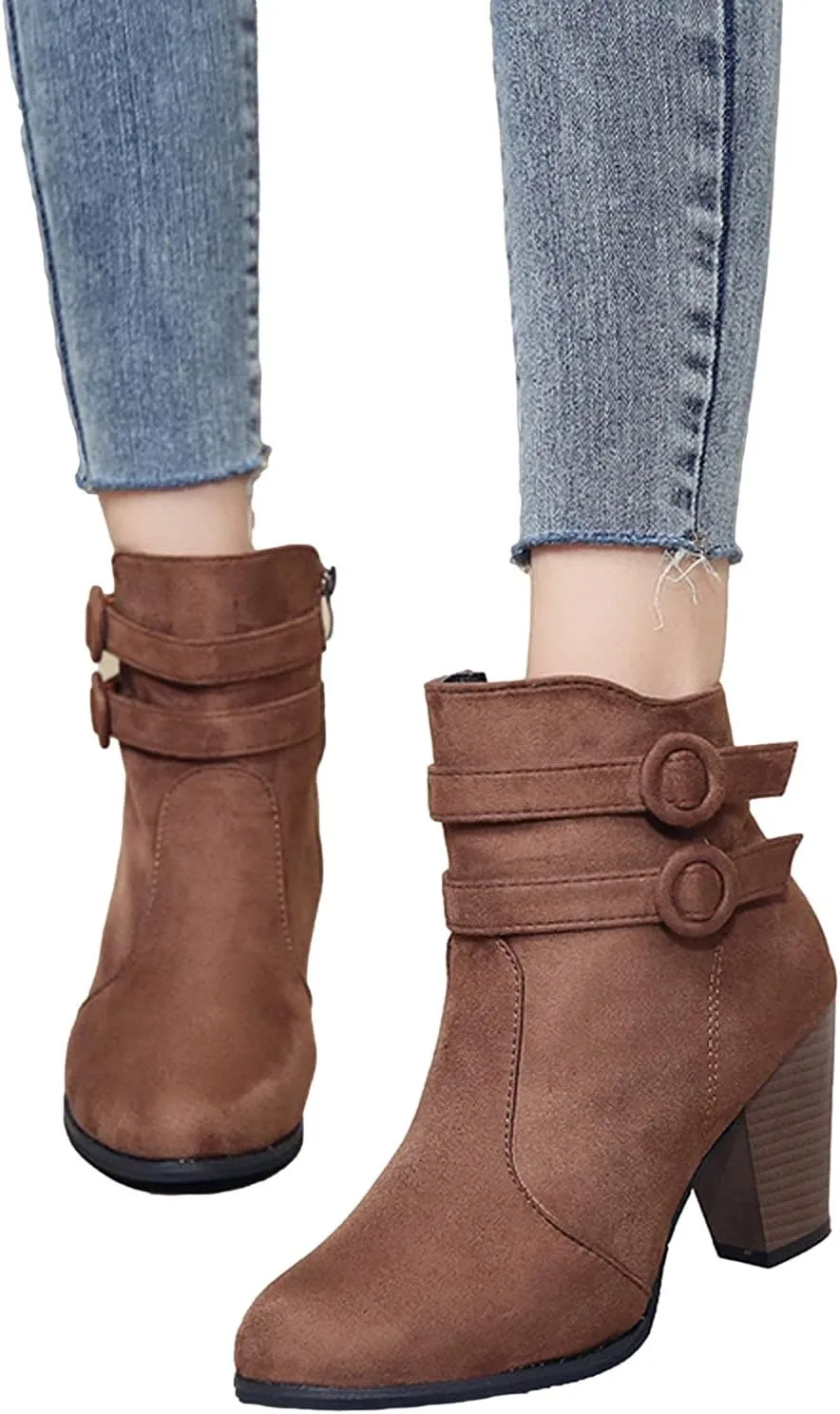 Suede Ankle Boots for Women Vintage Double Buckle Side Zipper Pointed Toe Square Chunky High-heeled Short Booties Solid Retro Non-slip Shoes