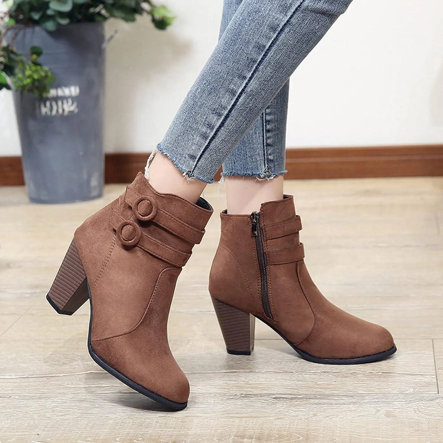 Suede Ankle Boots for Women Vintage Double Buckle Side Zipper Pointed Toe Square Chunky High-heeled Short Booties Solid Retro Non-slip Shoes