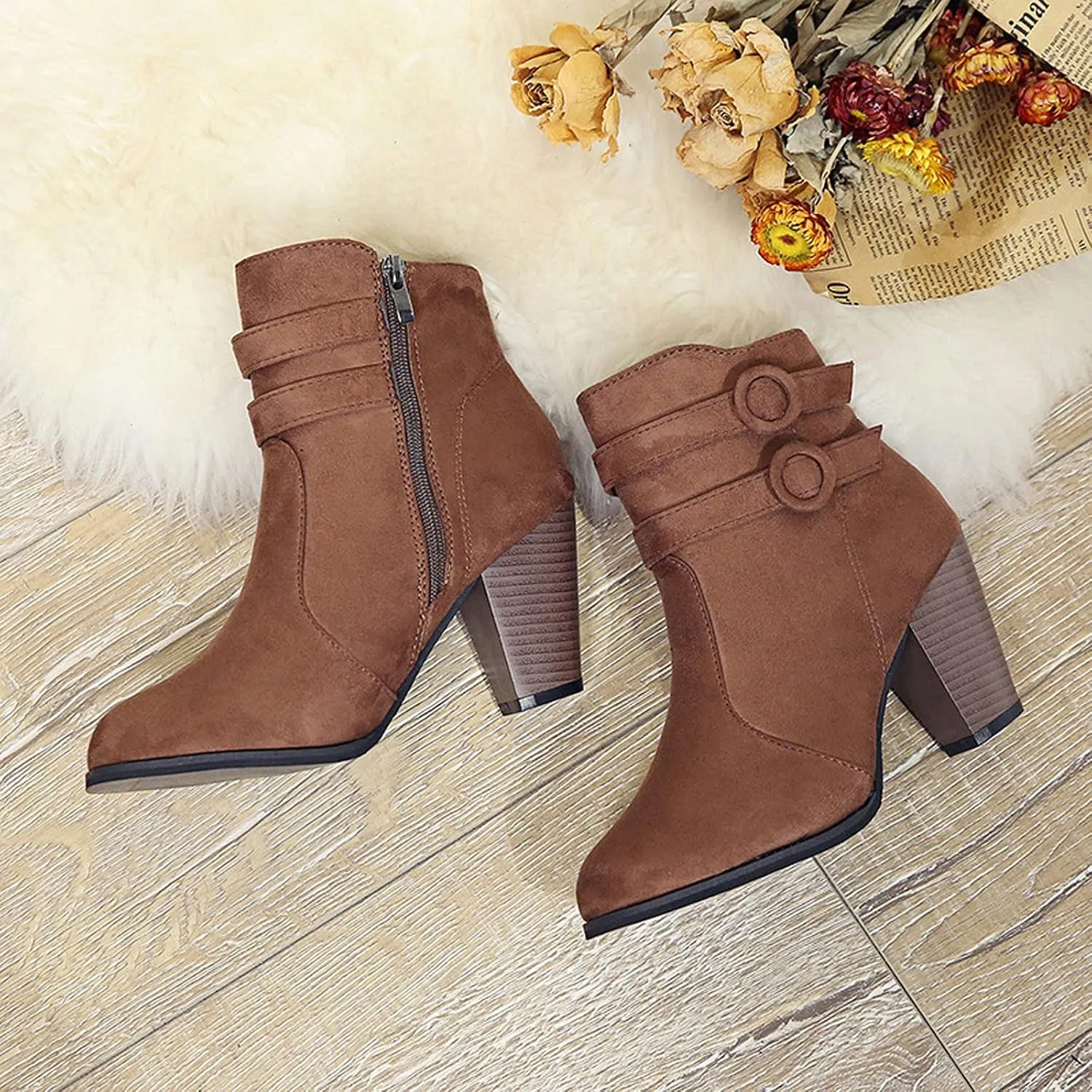 Suede Ankle Boots for Women Vintage Double Buckle Side Zipper Pointed Toe Square Chunky High-heeled Short Booties Solid Retro Non-slip Shoes