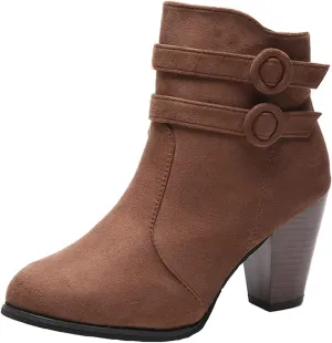 Suede Ankle Boots for Women Vintage Double Buckle Side Zipper Pointed Toe Square Chunky High-heeled Short Booties Solid Retro Non-slip Shoes