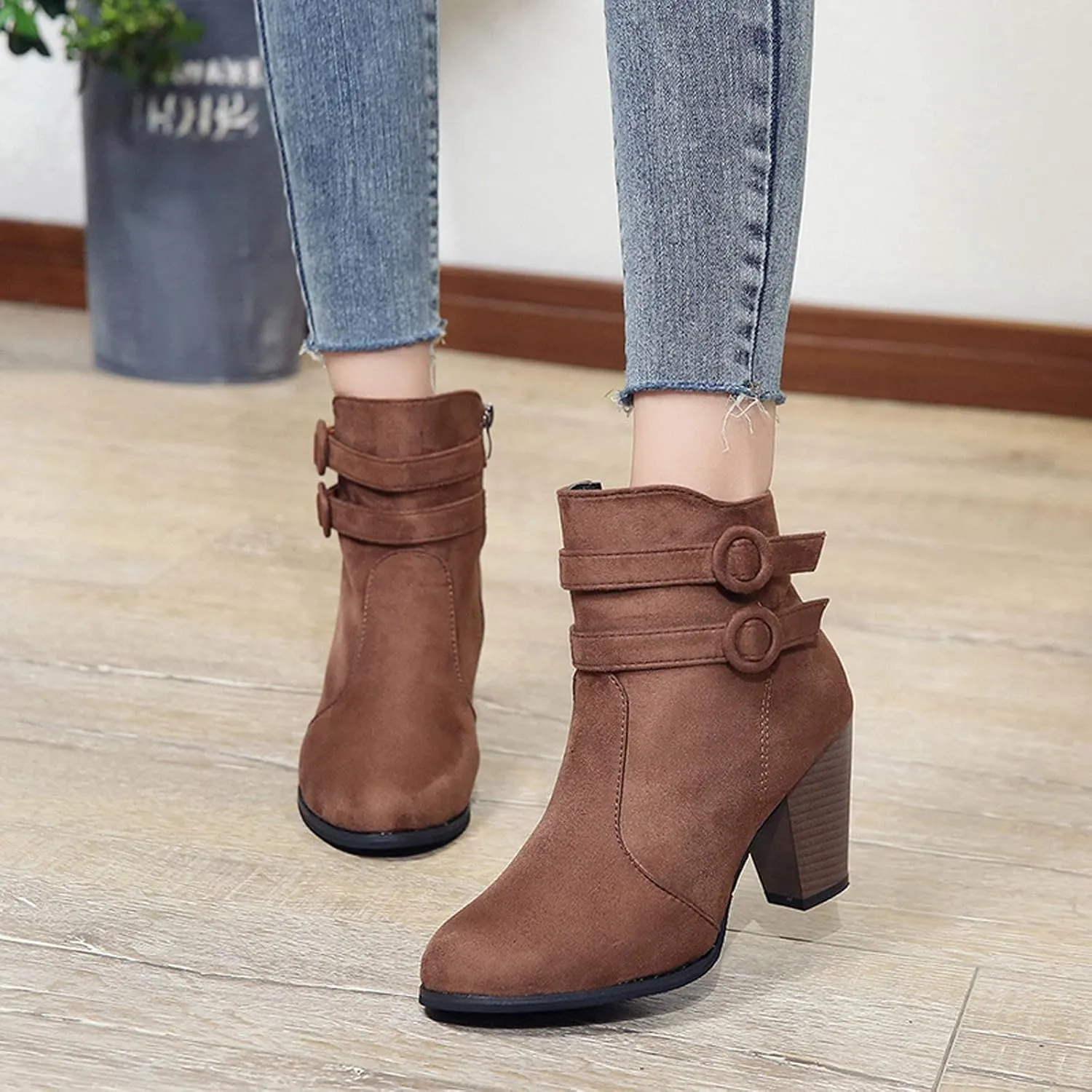 Suede Ankle Boots for Women Vintage Double Buckle Side Zipper Pointed Toe Square Chunky High-heeled Short Booties Solid Retro Non-slip Shoes