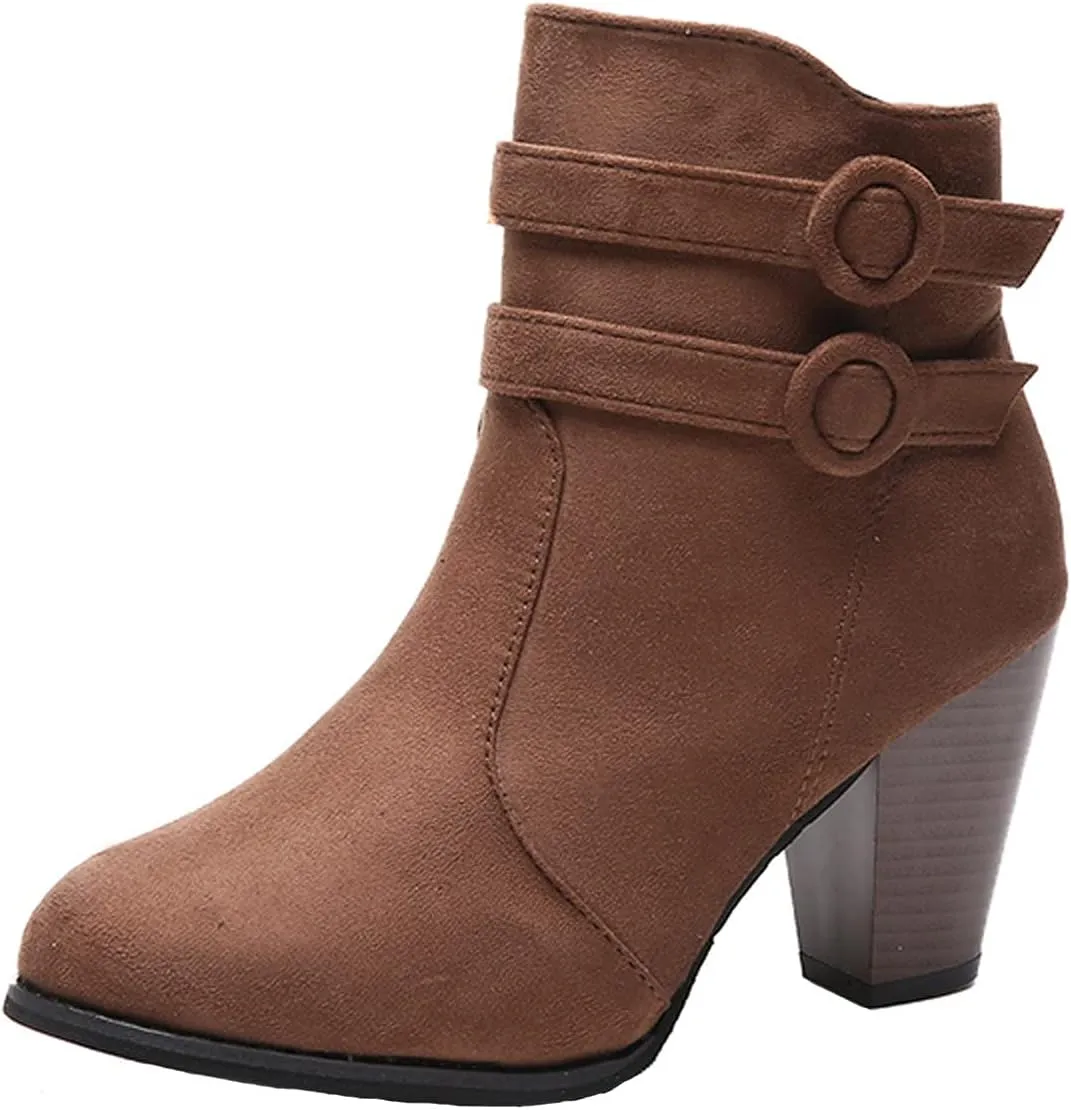 Suede Ankle Boots for Women Vintage Double Buckle Side Zipper Pointed Toe Square Chunky High-heeled Short Booties Solid Retro Non-slip Shoes