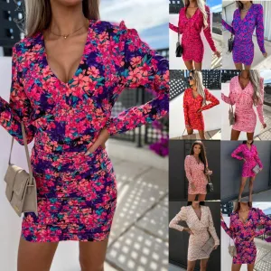 Summer Long Sleeve V-Neck Print Pack Hip Pleated Body Dress