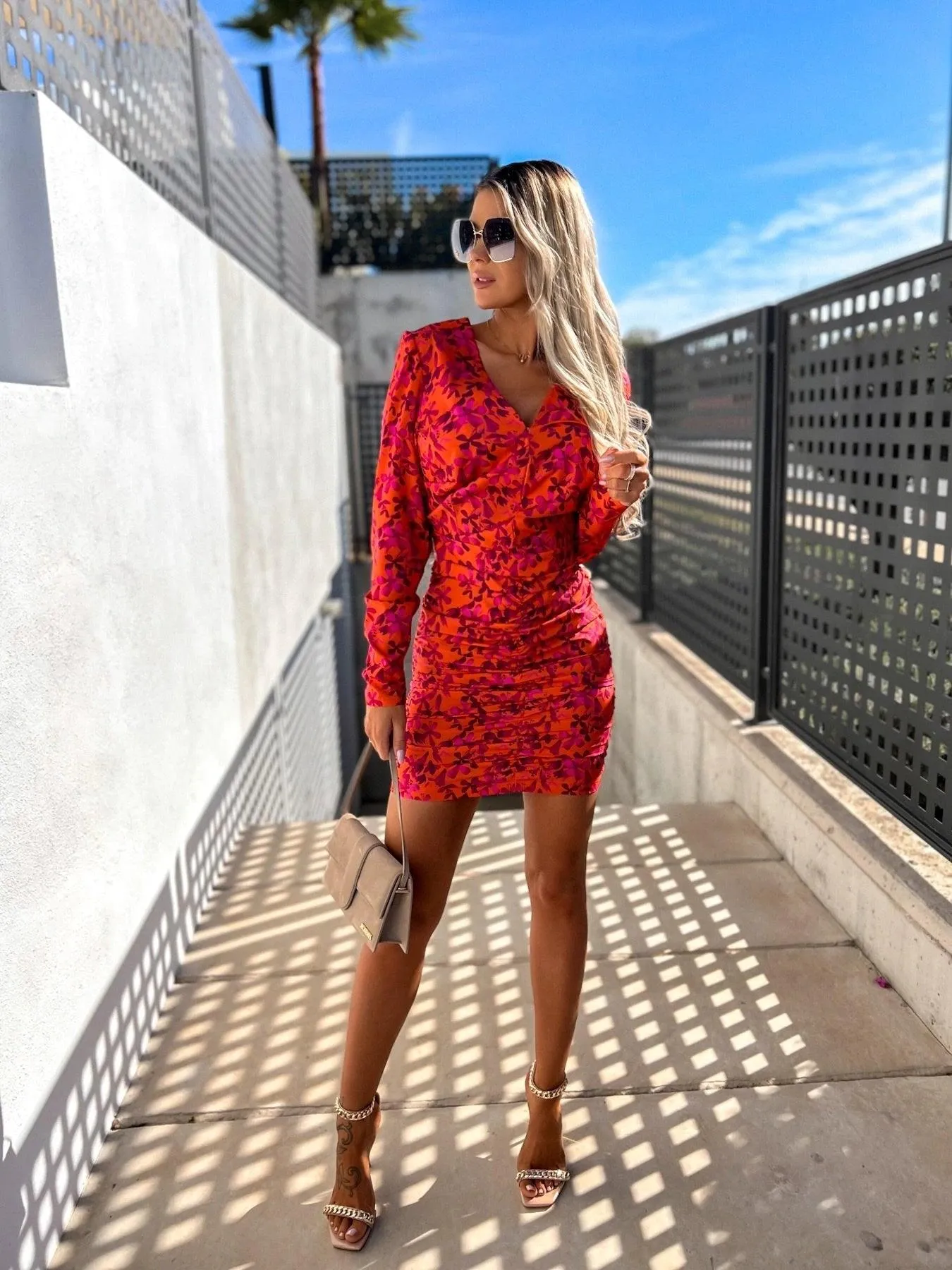 Summer Long Sleeve V-Neck Print Pack Hip Pleated Body Dress