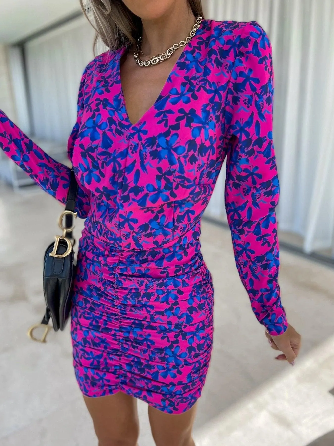 Summer Long Sleeve V-Neck Print Pack Hip Pleated Body Dress