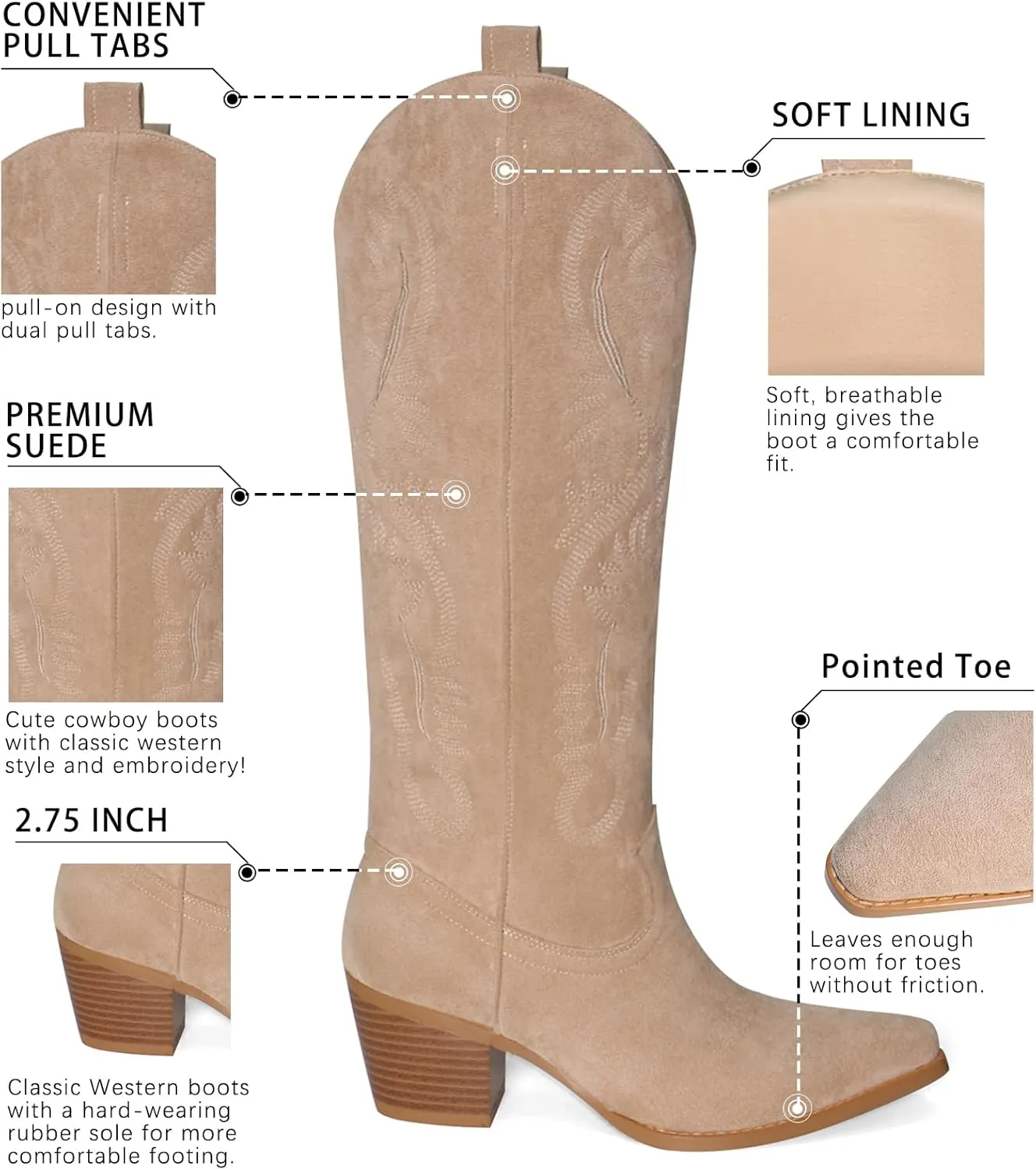 UBWDU Suede Cowboy Knee High Boots Women Pointed Toe Chunky Heel Embroidered Western Cowgirl Boots