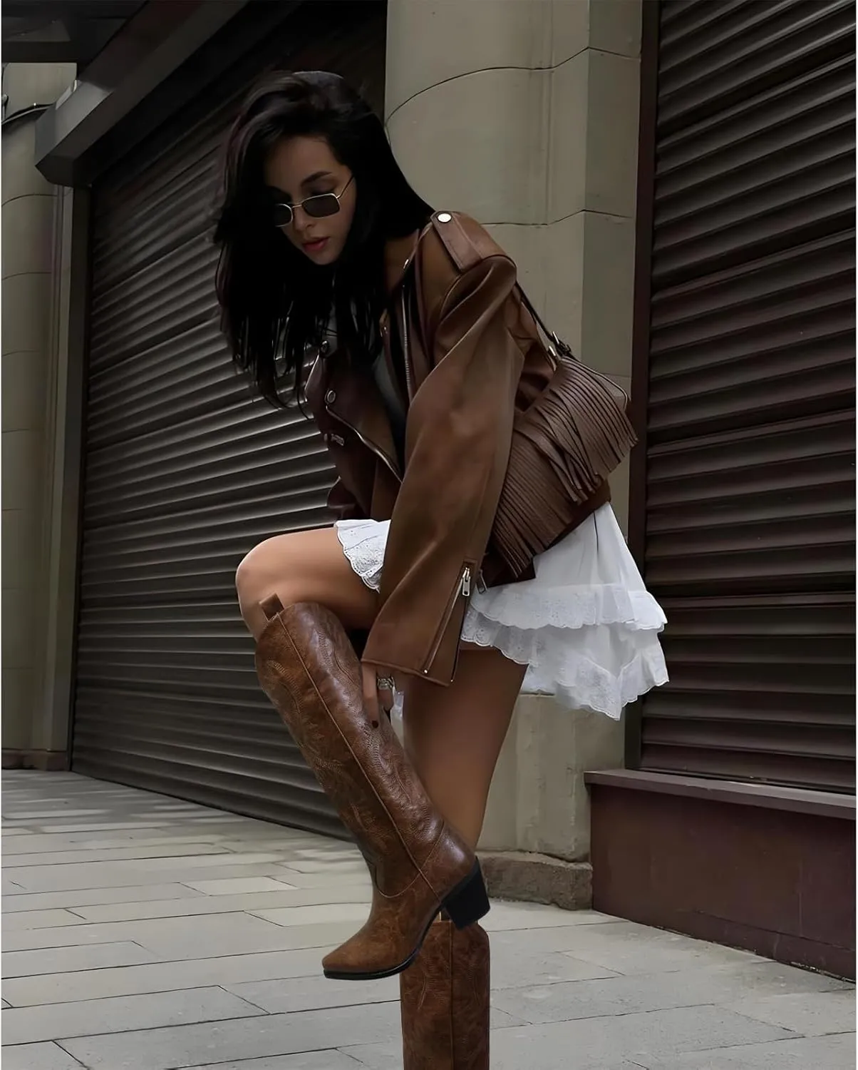 UBWDU Suede Cowboy Knee High Boots Women Pointed Toe Chunky Heel Embroidered Western Cowgirl Boots
