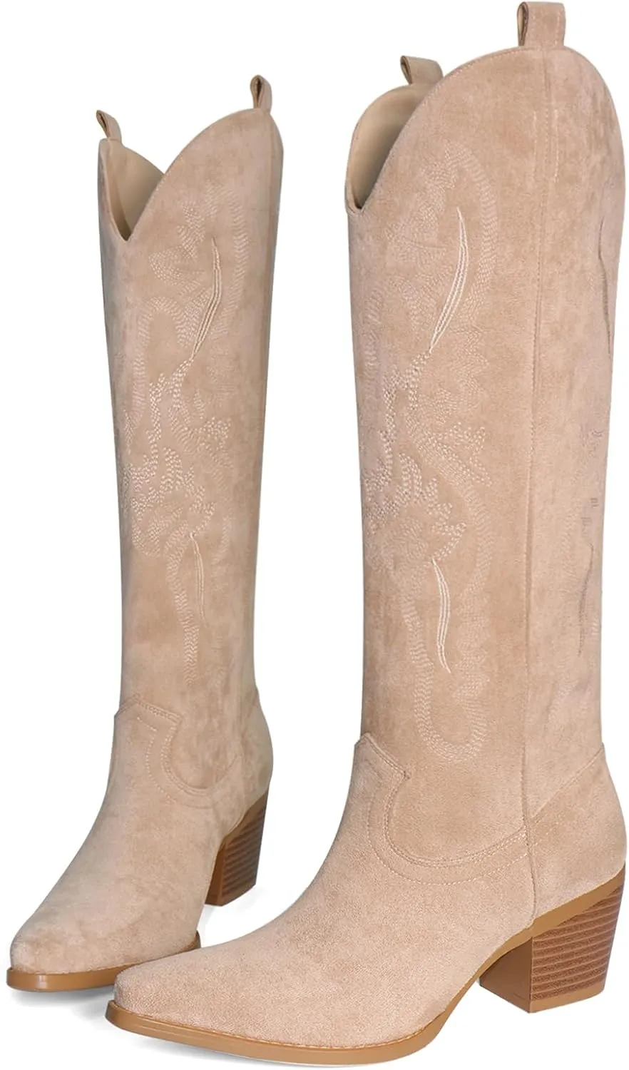 UBWDU Suede Cowboy Knee High Boots Women Pointed Toe Chunky Heel Embroidered Western Cowgirl Boots