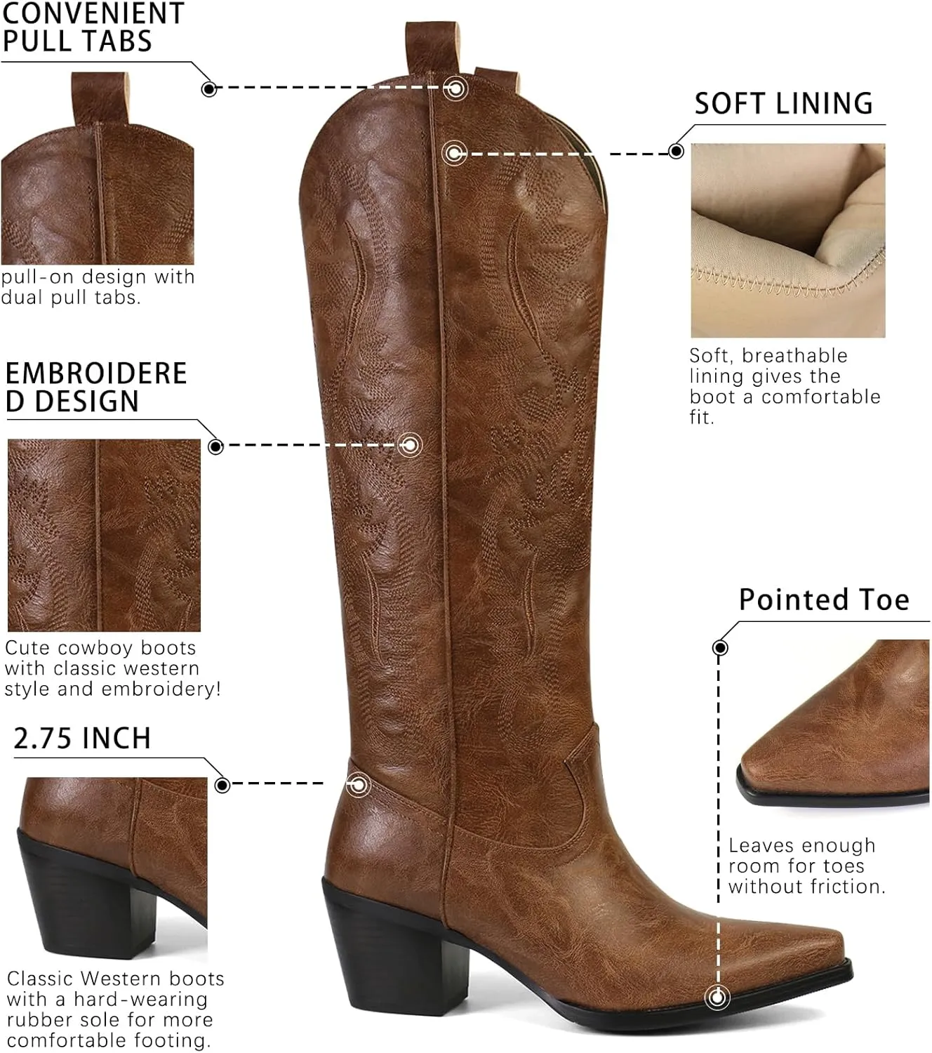 UBWDU Suede Cowboy Knee High Boots Women Pointed Toe Chunky Heel Embroidered Western Cowgirl Boots