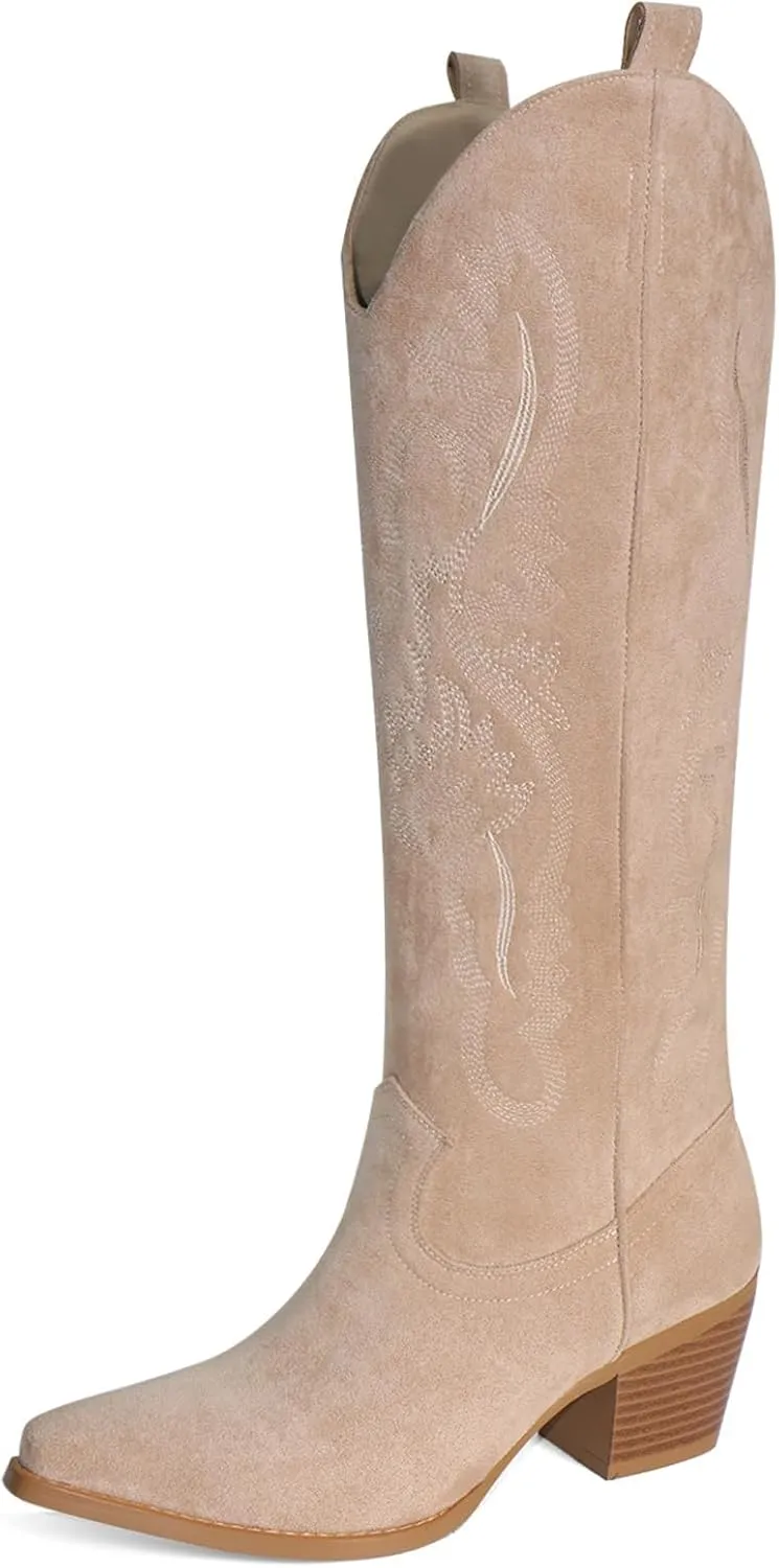 UBWDU Suede Cowboy Knee High Boots Women Pointed Toe Chunky Heel Embroidered Western Cowgirl Boots