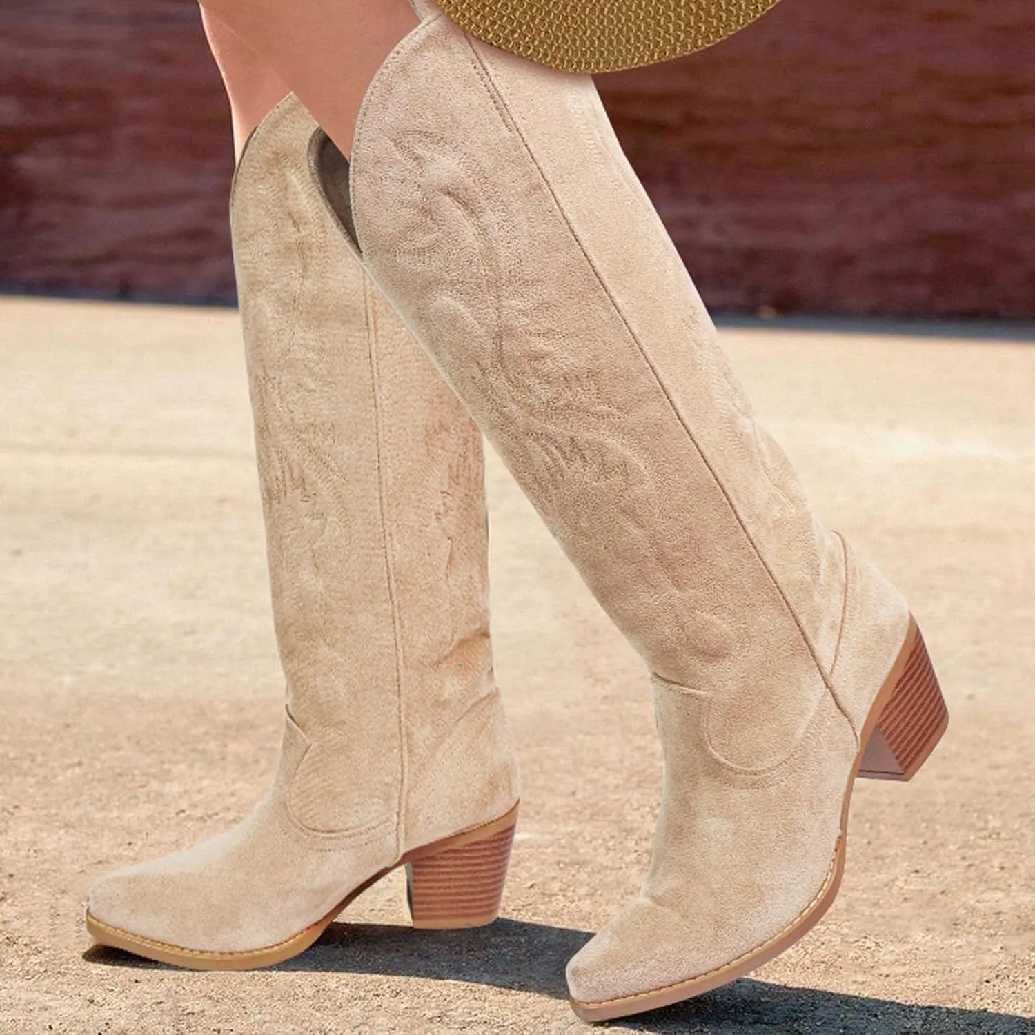 UBWDU Suede Cowboy Knee High Boots Women Pointed Toe Chunky Heel Embroidered Western Cowgirl Boots