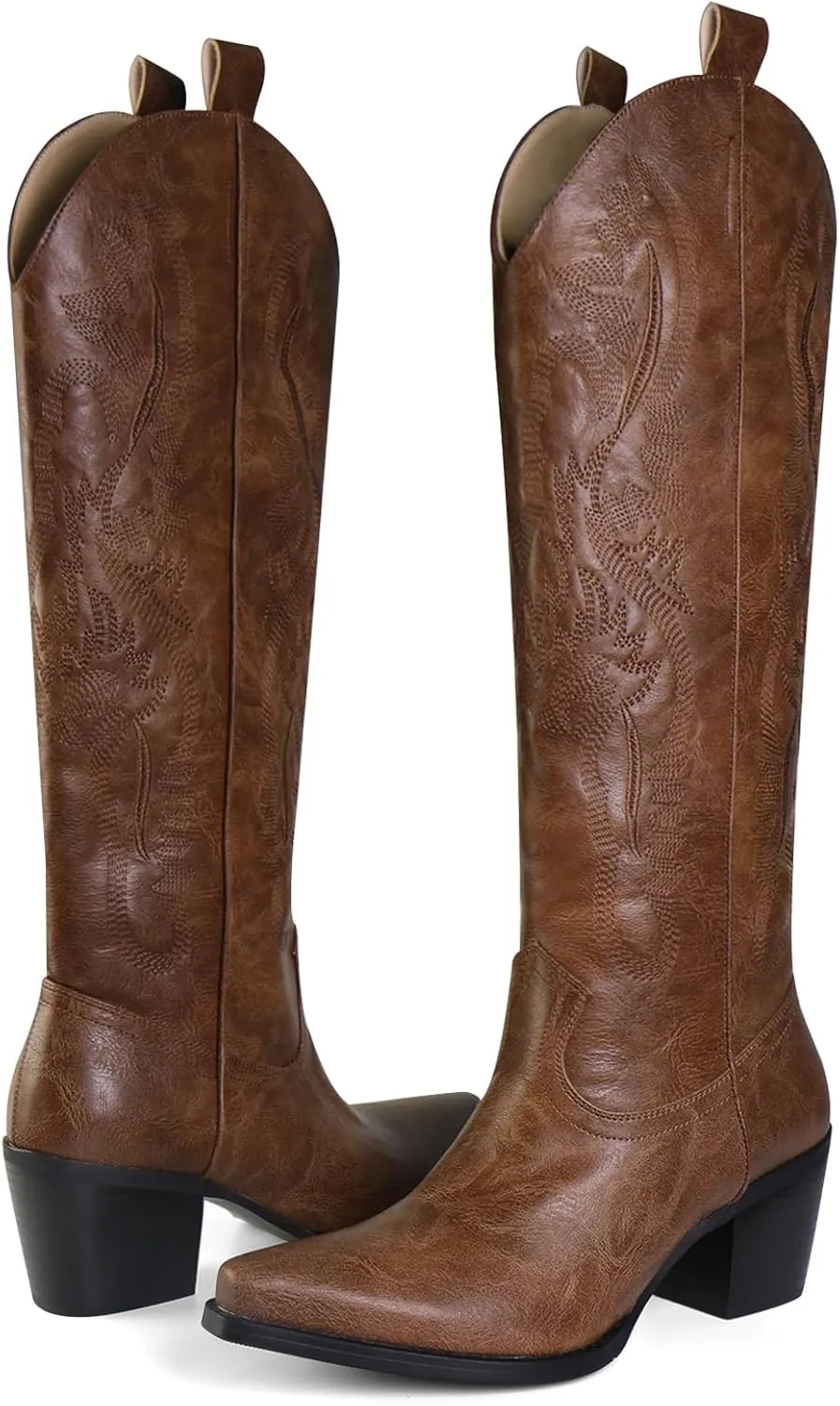 UBWDU Suede Cowboy Knee High Boots Women Pointed Toe Chunky Heel Embroidered Western Cowgirl Boots